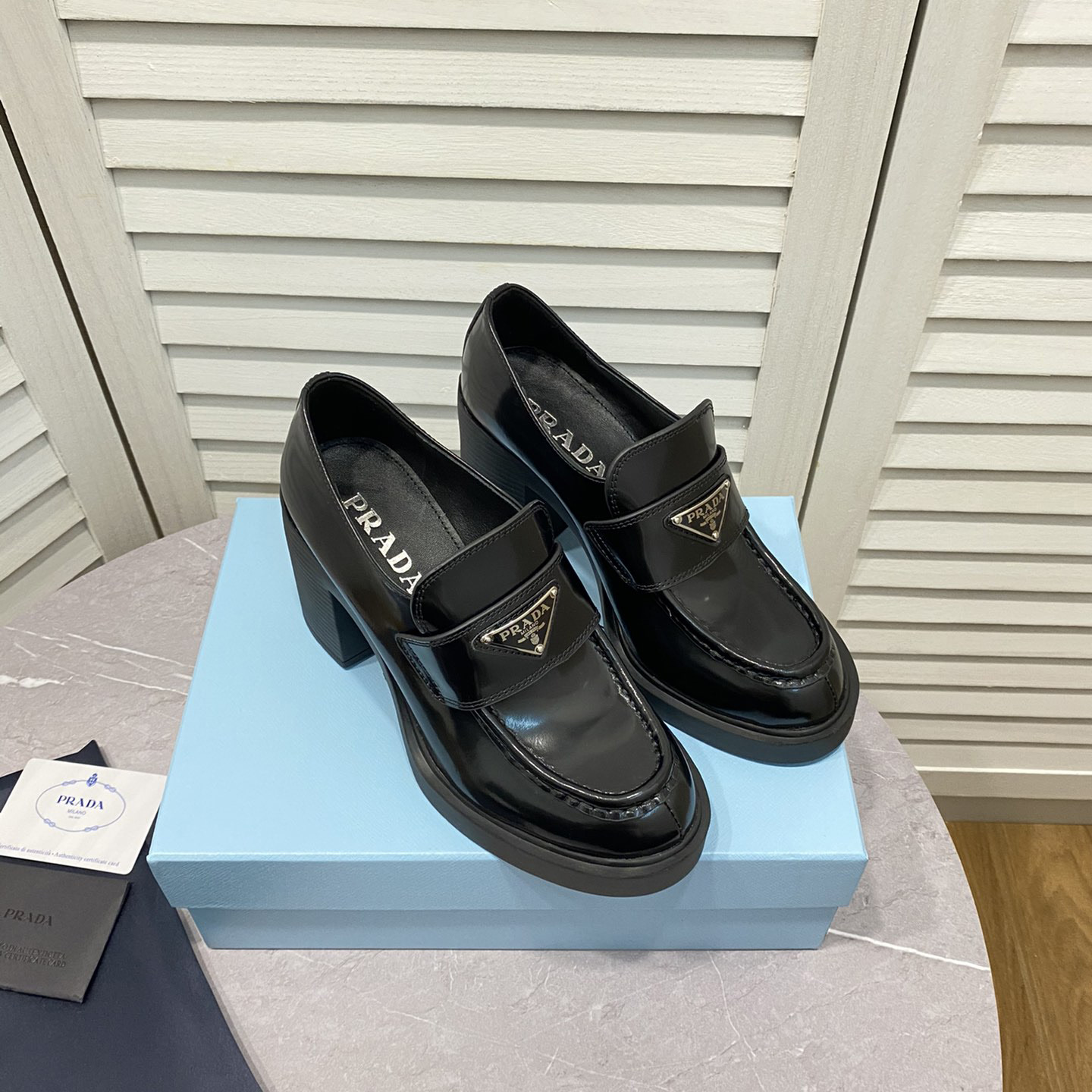 Prada Chocolate High-Heeled Brushed Leather Loafers   - PerfectKickZ