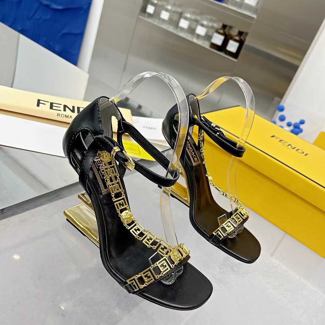 Fendi Fendi First Fendace Black Leather High-Heeled Sandals - PerfectKickZ