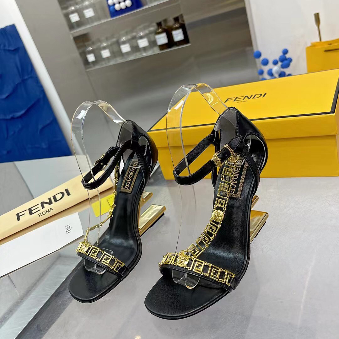 Fendi Fendi First Fendace Black Leather High-Heeled Sandals - PerfectKickZ