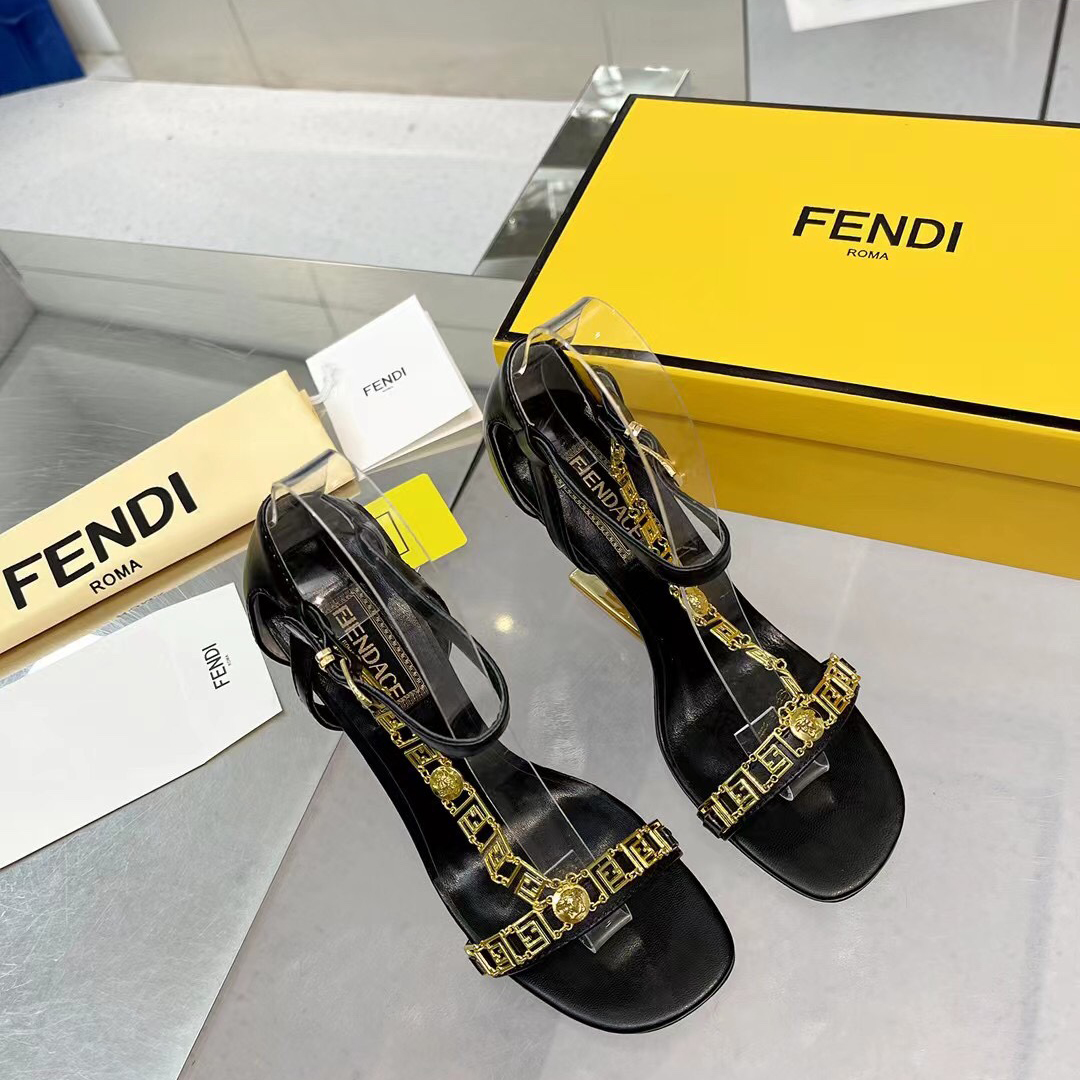 Fendi Fendi First Fendace Black Leather High-Heeled Sandals - PerfectKickZ