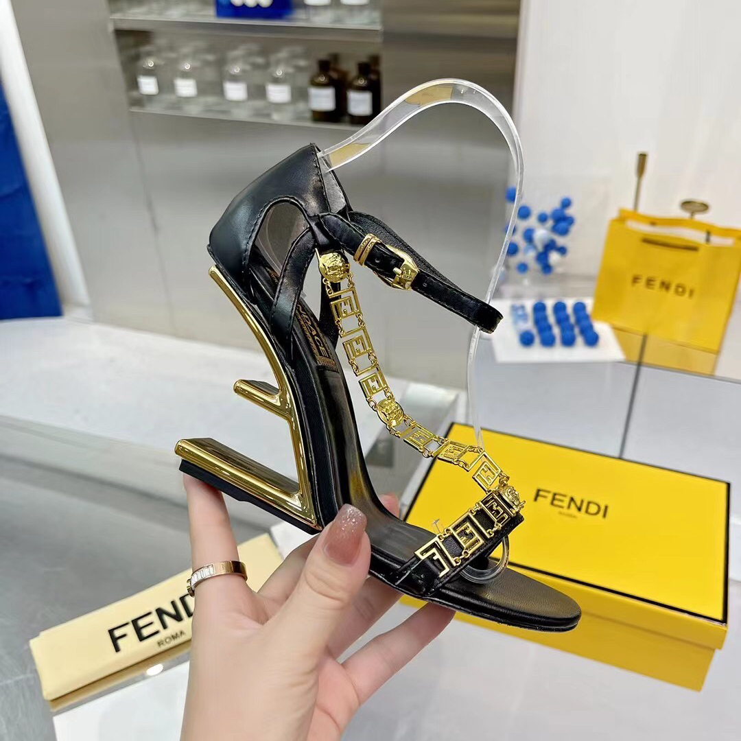 Fendi Fendi First Fendace Black Leather High-Heeled Sandals - PerfectKickZ
