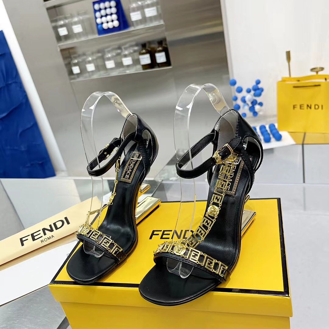 Fendi Fendi First Fendace Black Leather High-Heeled Sandals - PerfectKickZ