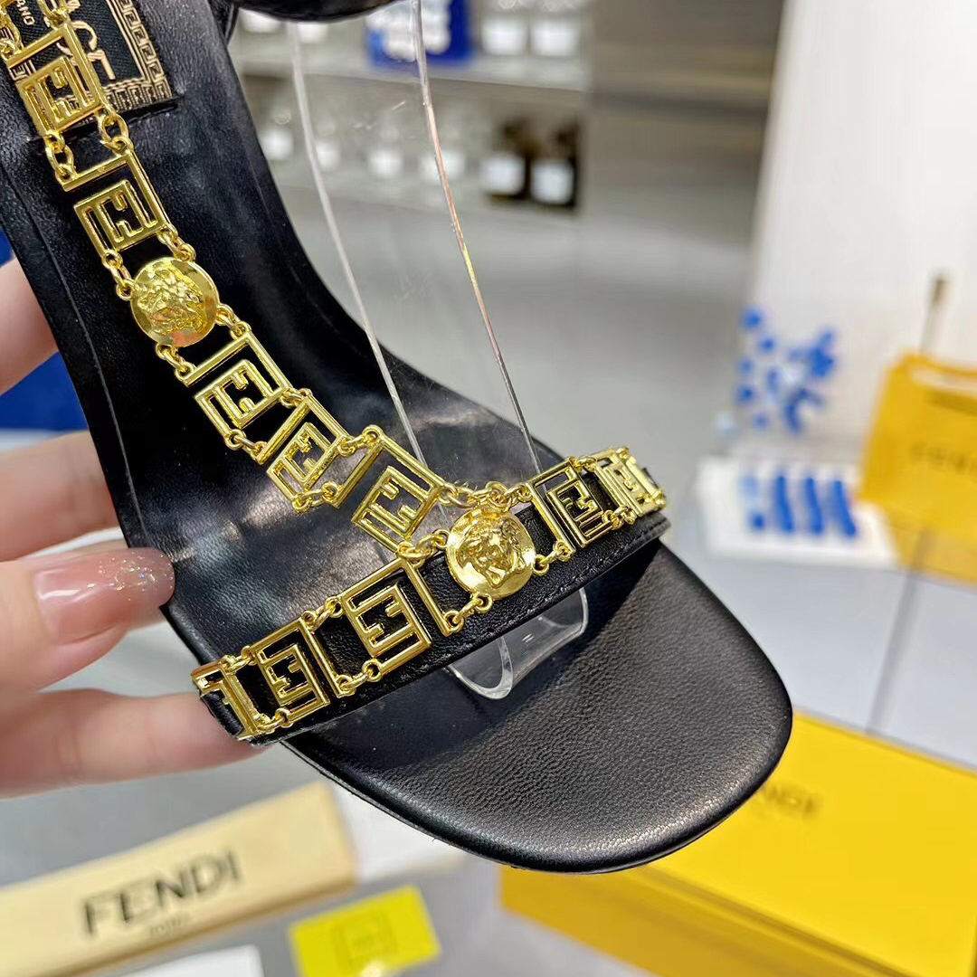 Fendi Fendi First Fendace Black Leather High-Heeled Sandals - PerfectKickZ