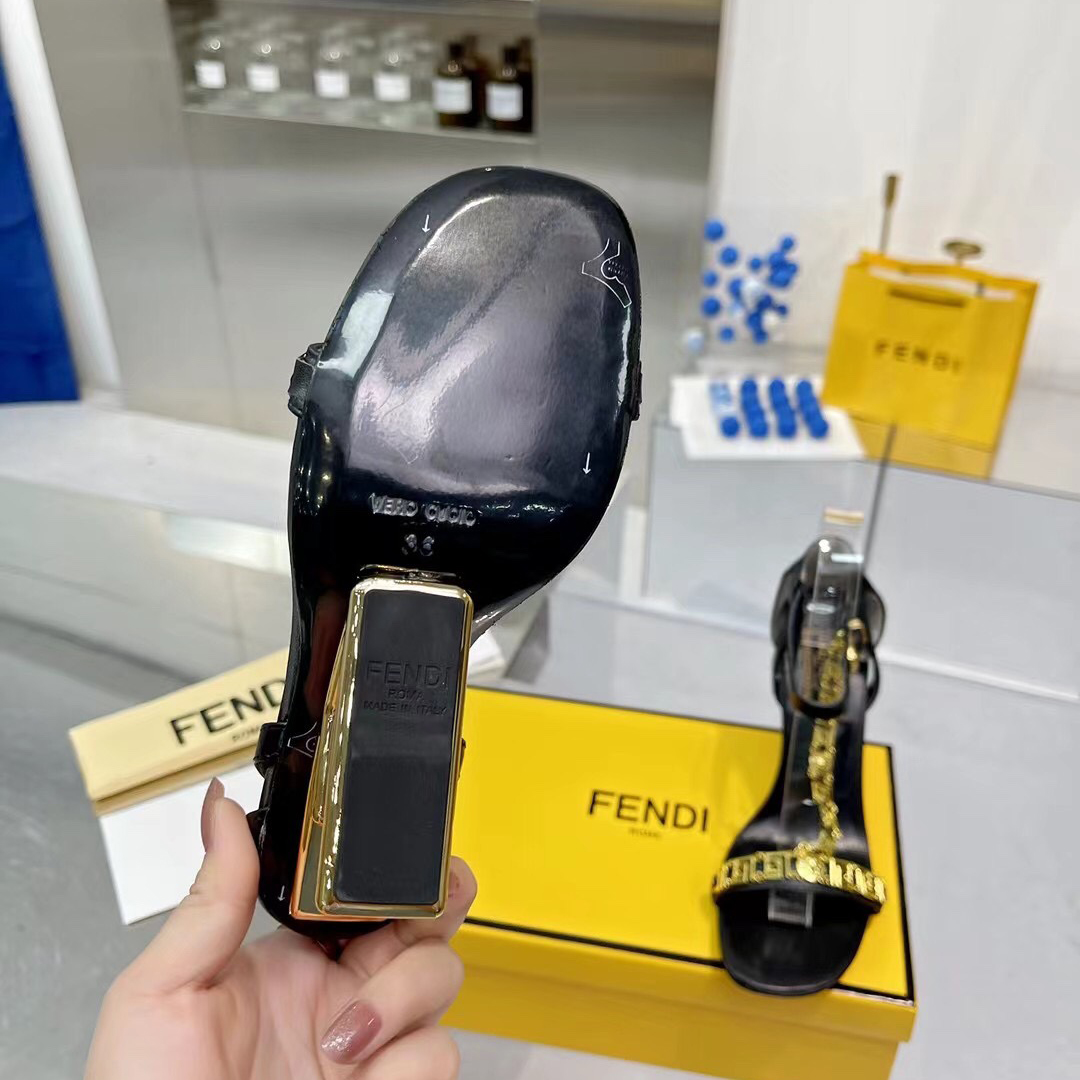 Fendi Fendi First Fendace Black Leather High-Heeled Sandals - PerfectKickZ