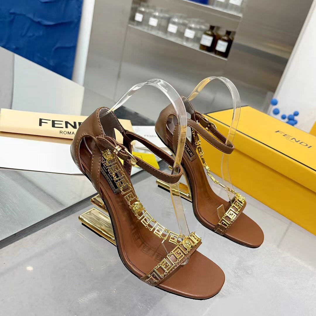 Fendi Fendi First Fendace Brown Leather High-Heeled Sandals - PerfectKickZ
