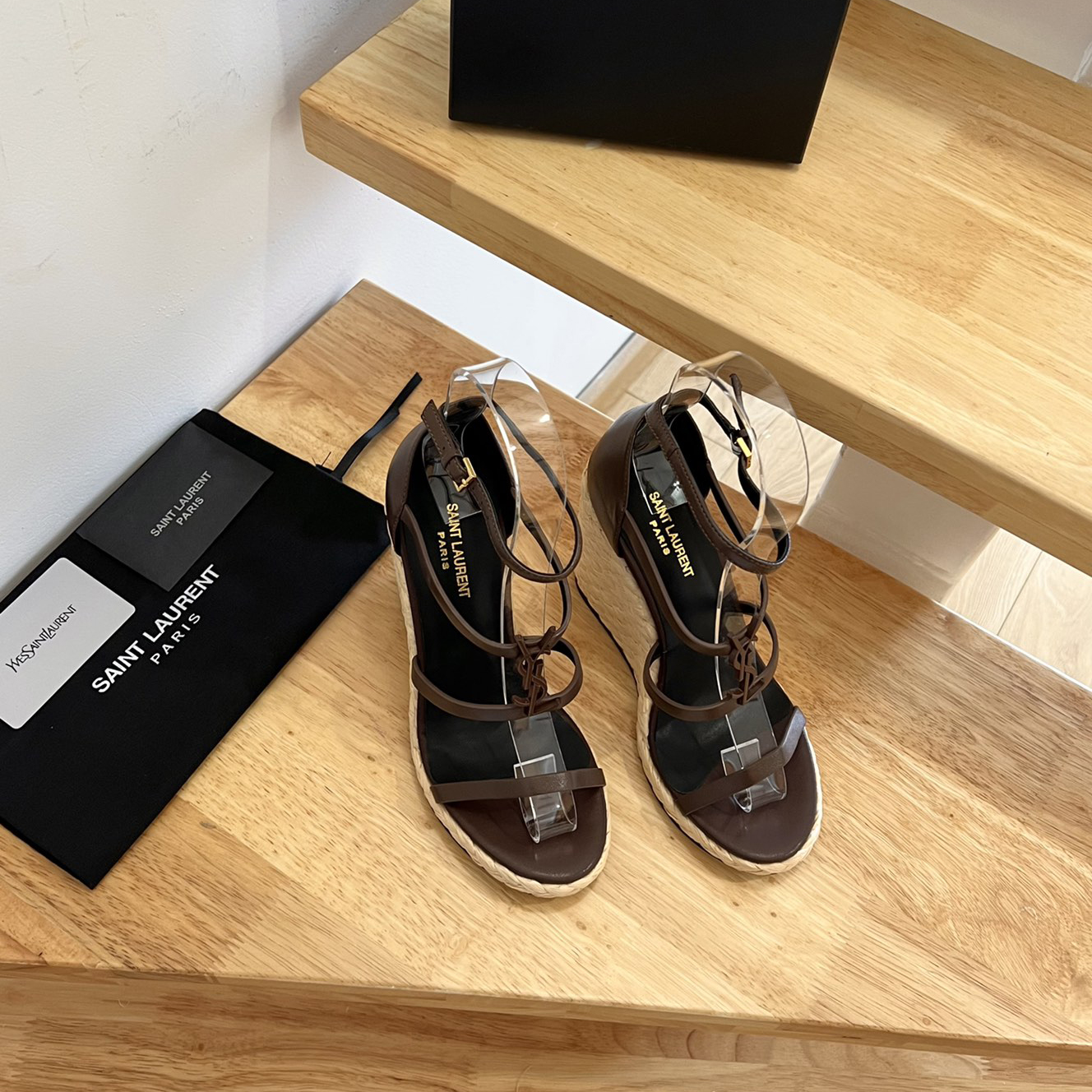 Saint Laurent Cassandra Wedge Espadrilles In Smooth Leather With Brown monogram - PerfectKickZ