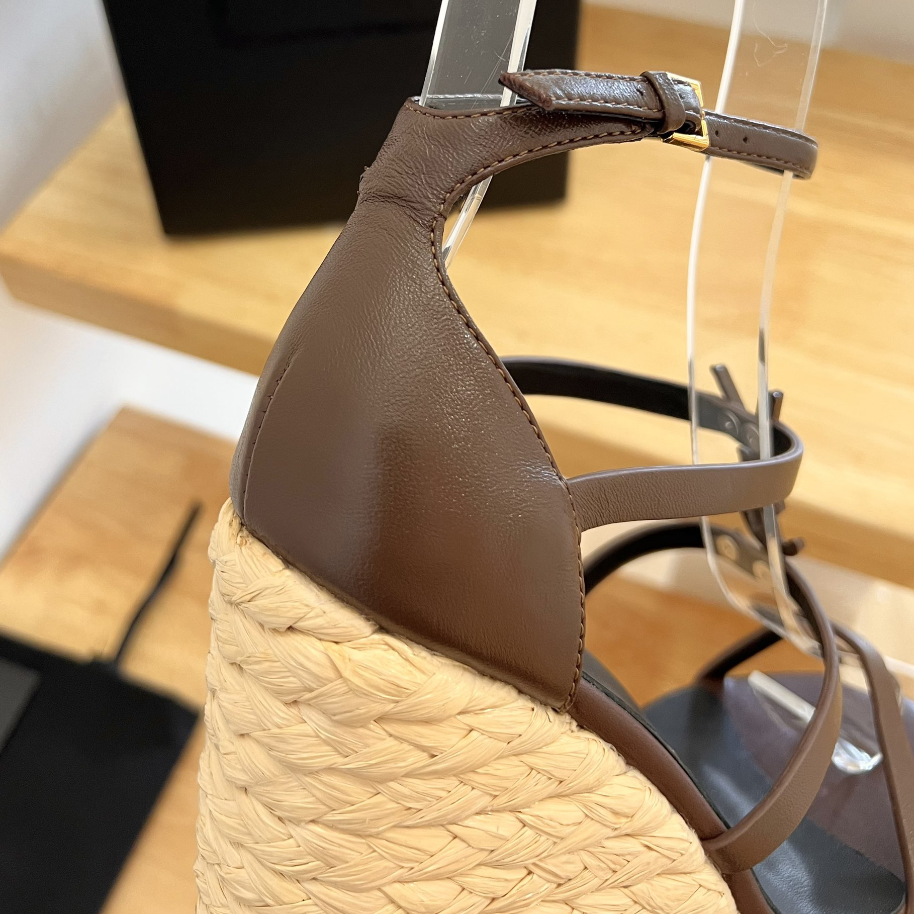 Saint Laurent Cassandra Wedge Espadrilles In Smooth Leather With Brown monogram - PerfectKickZ