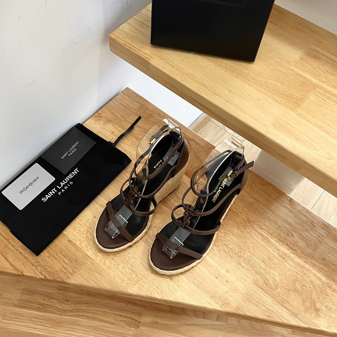 Saint Laurent Cassandra Wedge Espadrilles In Smooth Leather With Brown monogram - PerfectKickZ