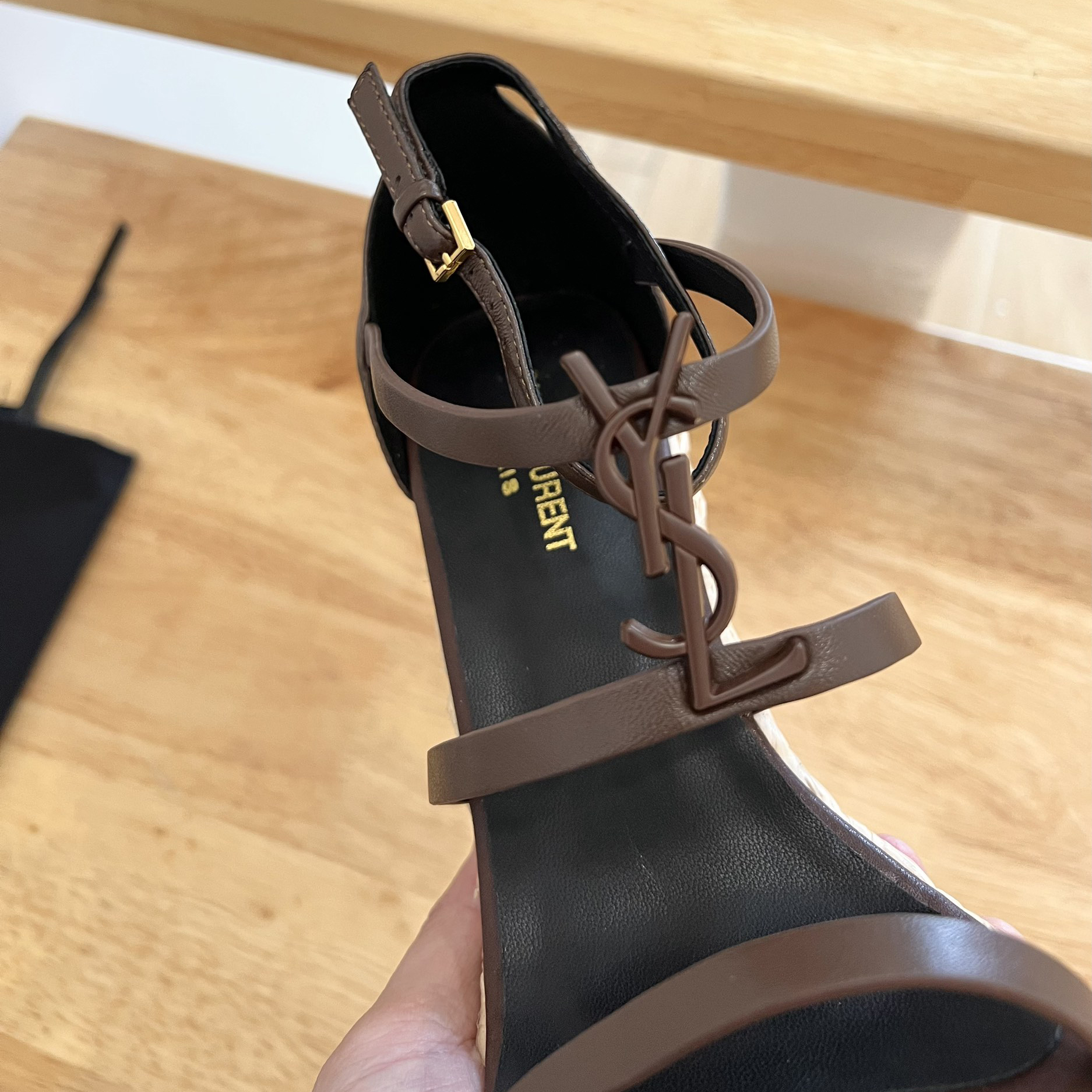 Saint Laurent Cassandra Wedge Espadrilles In Smooth Leather With Brown monogram - PerfectKickZ