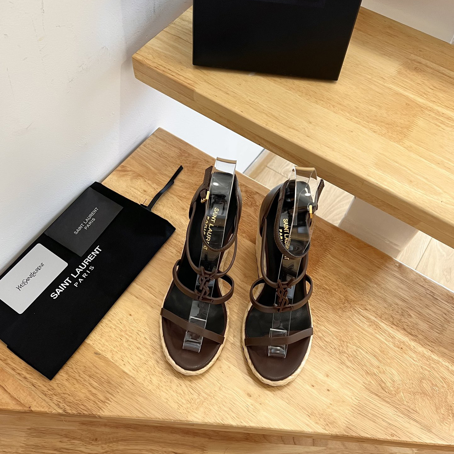 Saint Laurent Cassandra Wedge Espadrilles In Smooth Leather With Brown monogram - PerfectKickZ