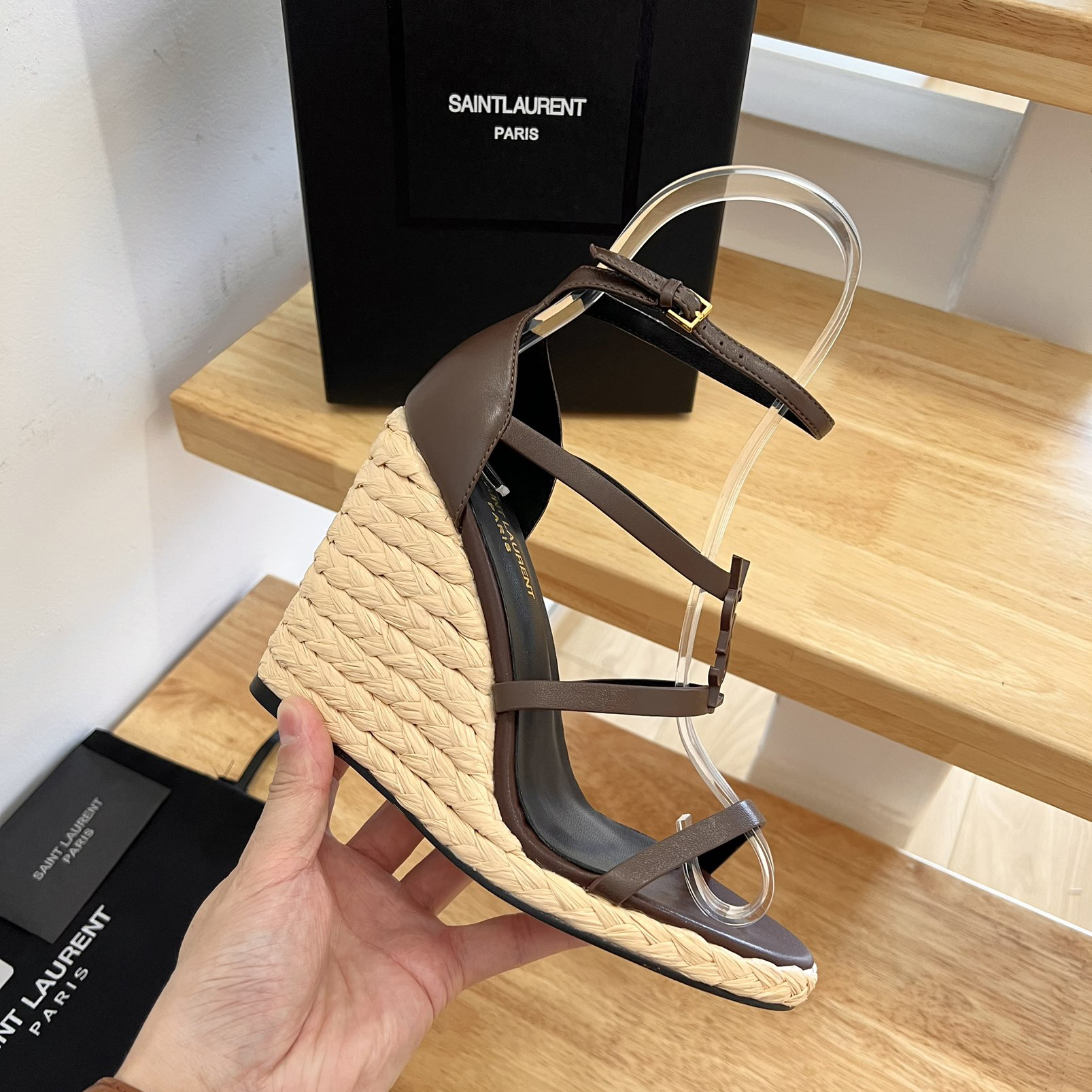 Saint Laurent Cassandra Wedge Espadrilles In Smooth Leather With Brown monogram - PerfectKickZ