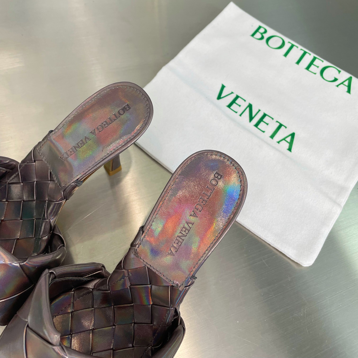 Bottega Veneta  Intreccio Metallized Leather Mules - PerfectKickZ