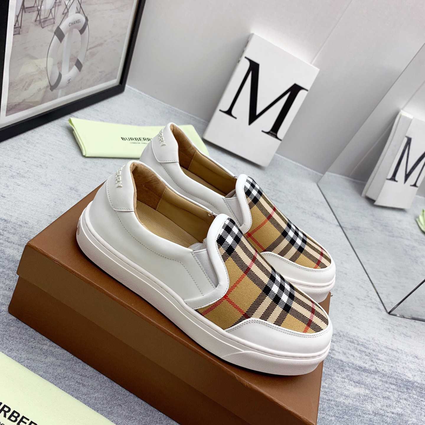 Burberry Leather And Vintage Check Slip-On Sneakers - PerfectKickZ