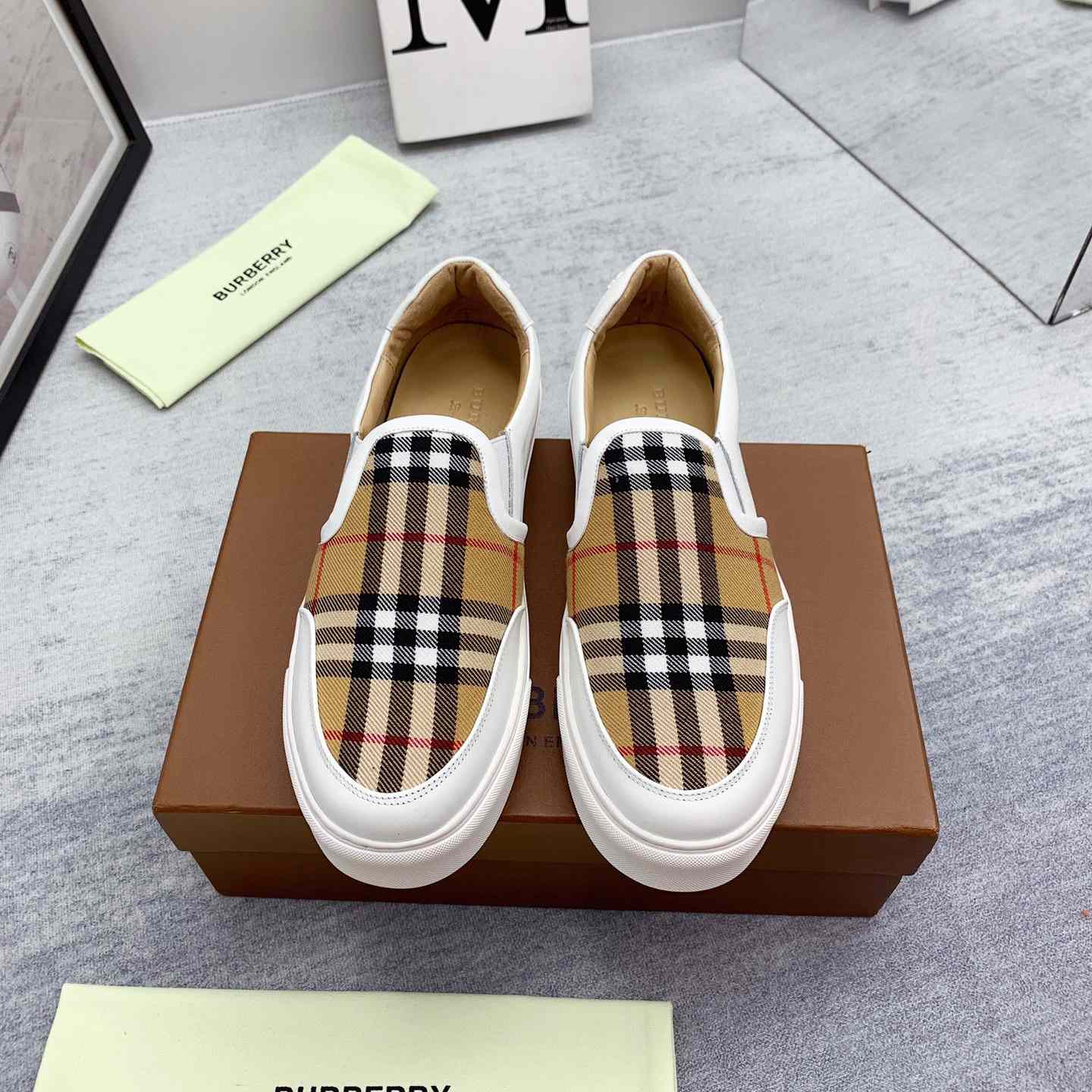 Burberry Leather And Vintage Check Slip-On Sneakers - PerfectKickZ