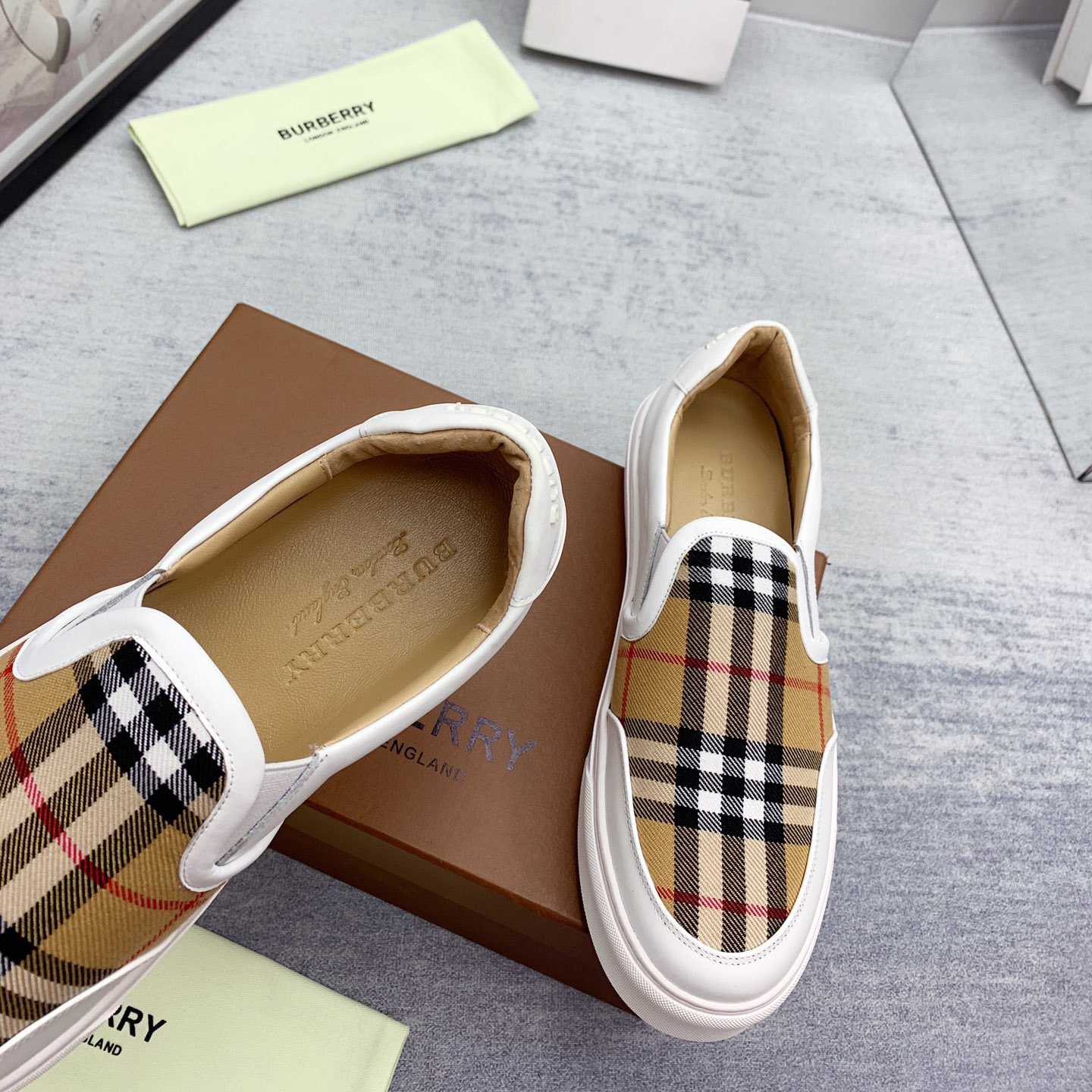 Burberry Leather And Vintage Check Slip-On Sneakers - PerfectKickZ