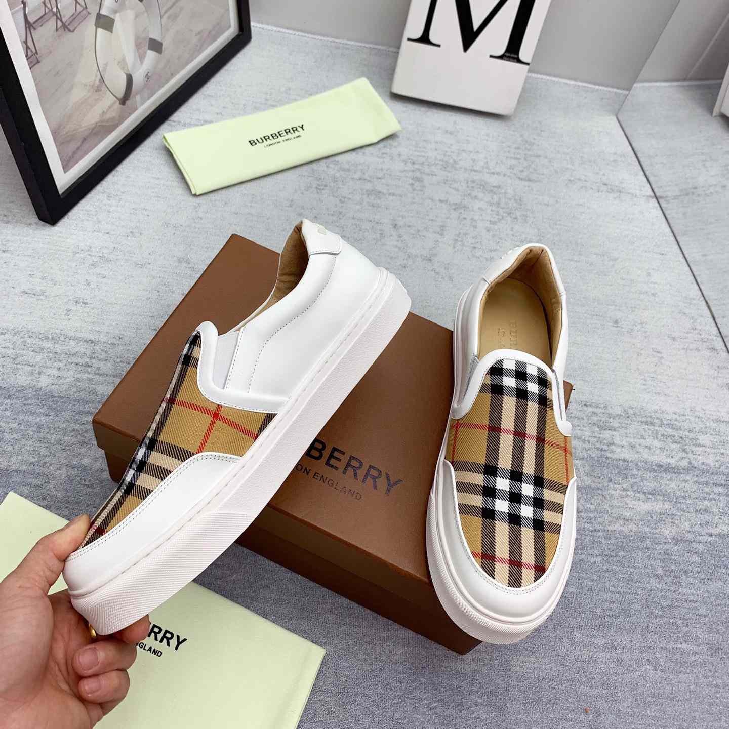 Burberry Leather And Vintage Check Slip-On Sneakers - PerfectKickZ