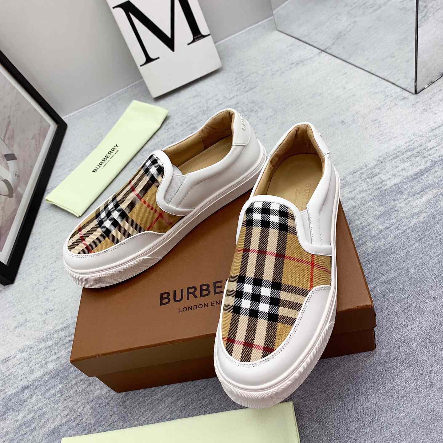 Burberry Leather And Vintage Check Slip-On Sneakers - PerfectKickZ