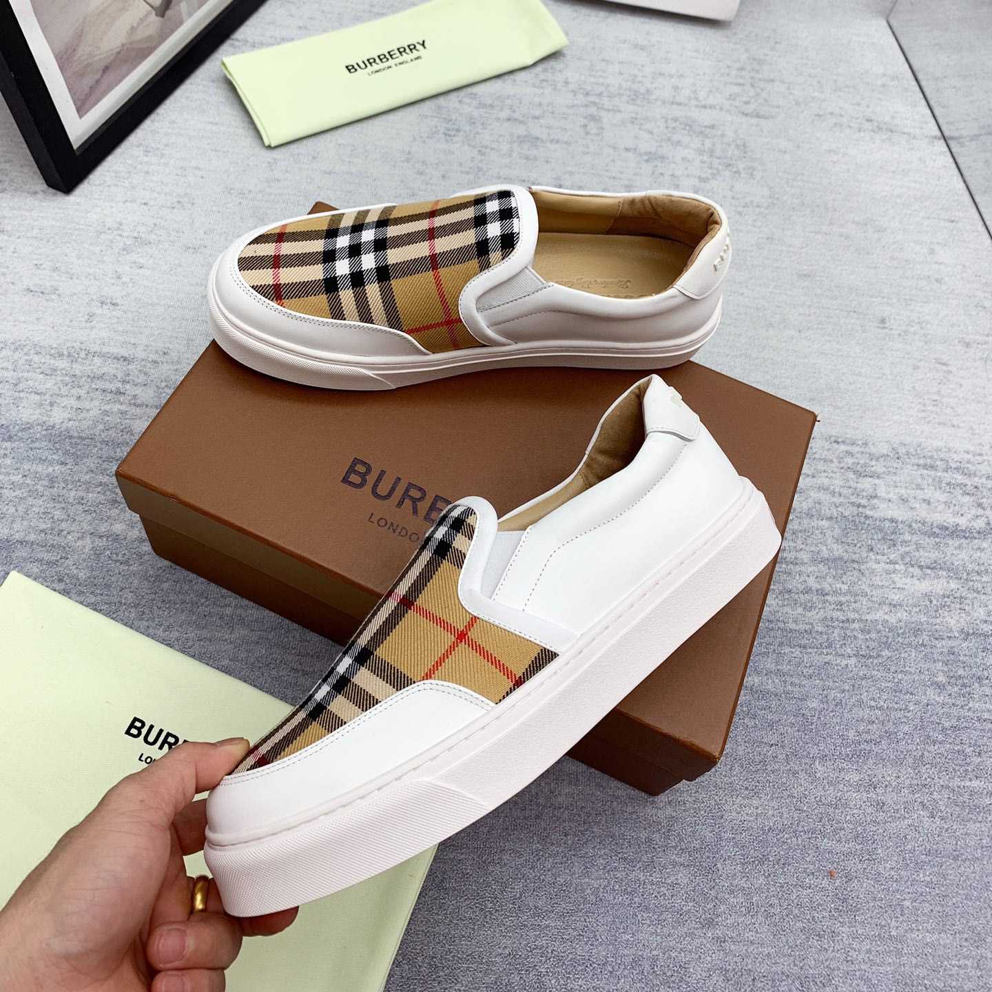 Burberry Leather And Vintage Check Slip-On Sneakers - PerfectKickZ