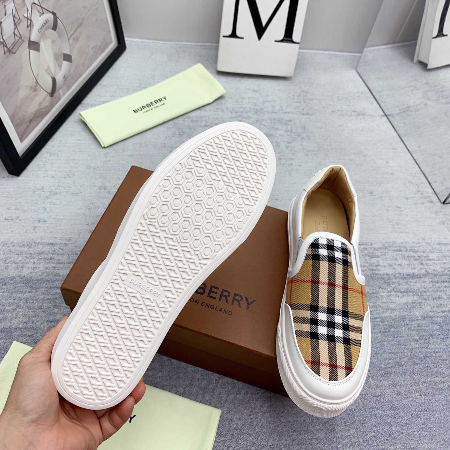 Burberry Leather And Vintage Check Slip-On Sneakers - PerfectKickZ