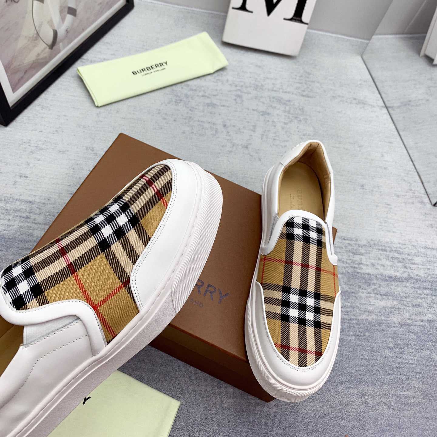 Burberry Leather And Vintage Check Slip-On Sneakers - PerfectKickZ