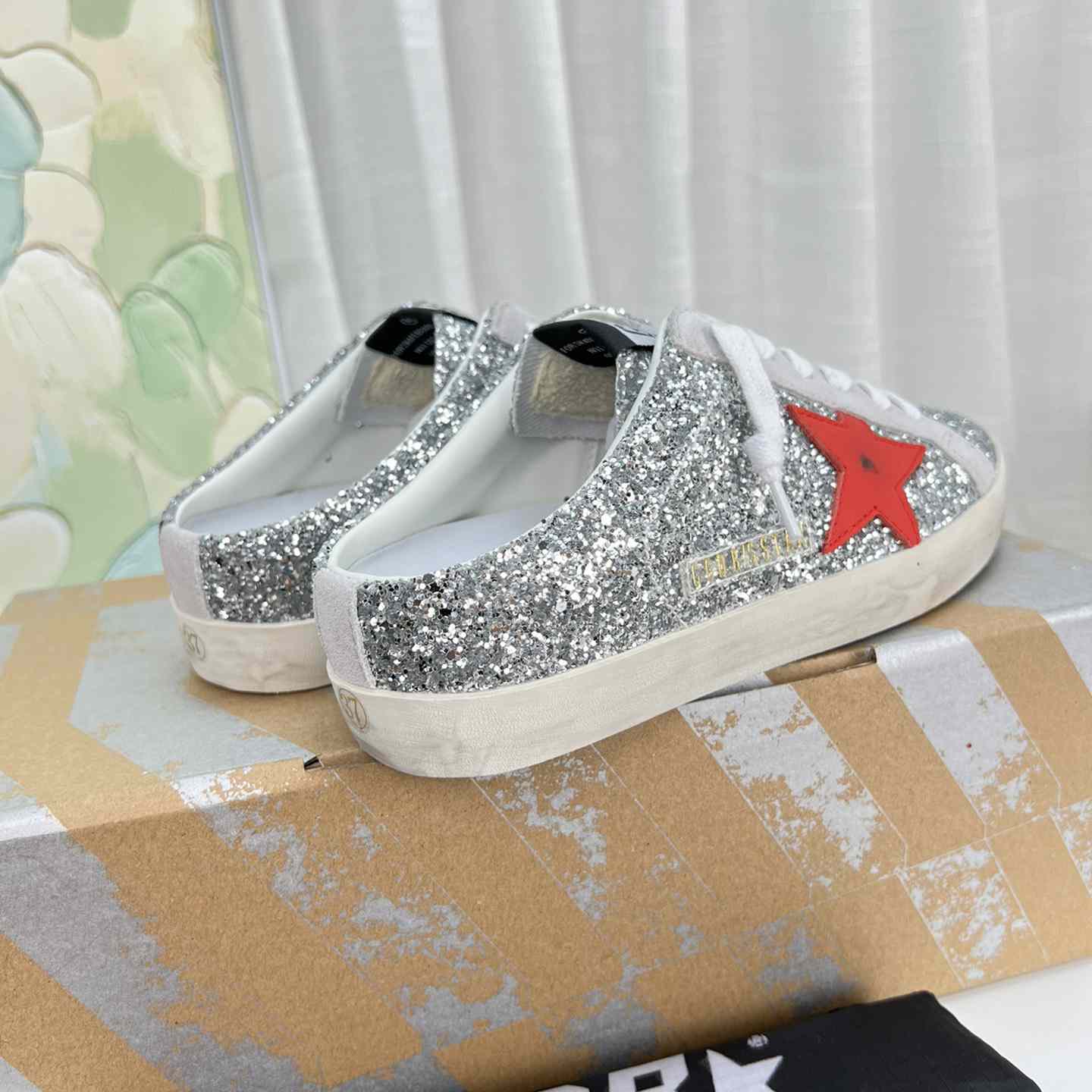 Golden Goose Super-Star Sabots In Silver Glitter With Red Leather Star - PerfectKickZ