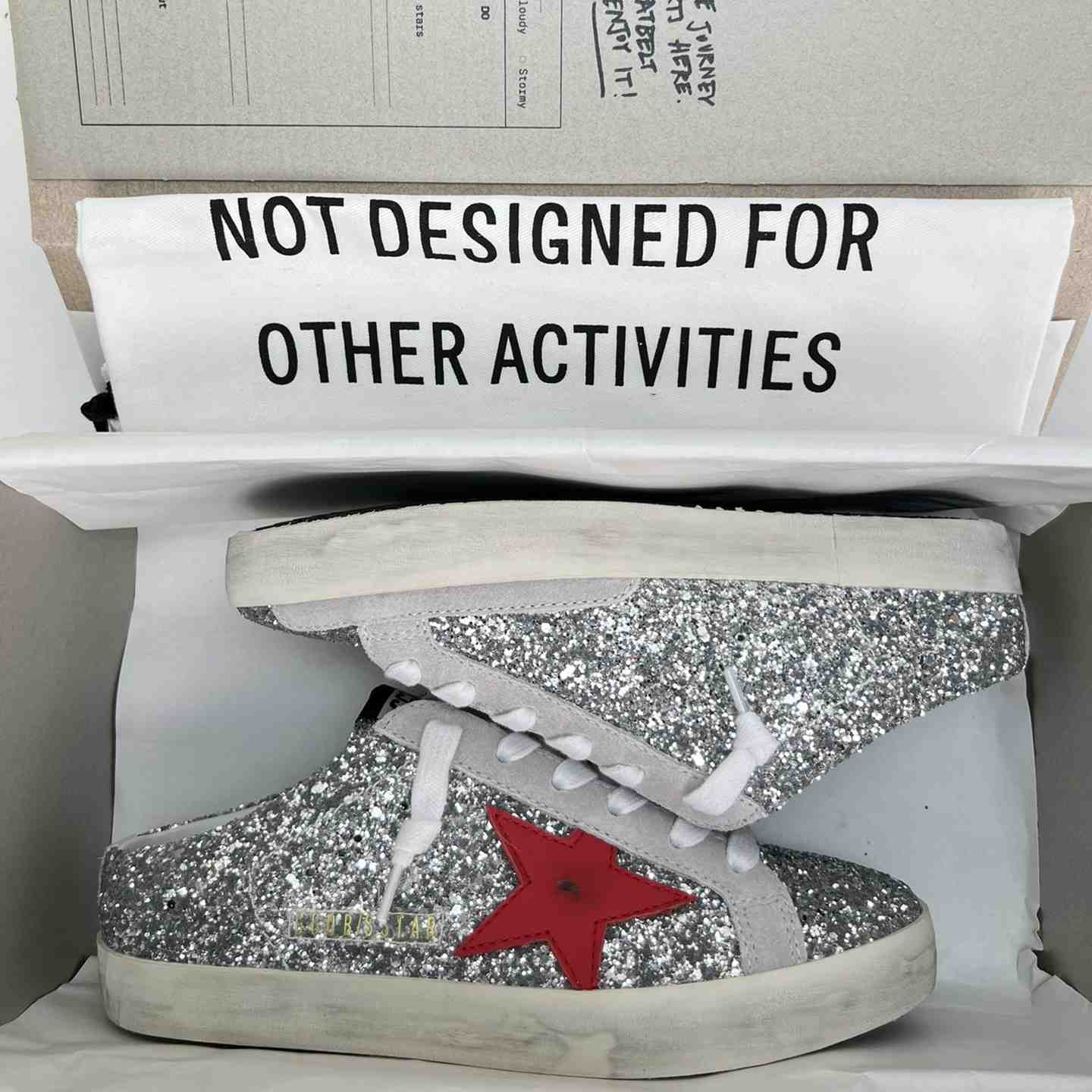 Golden Goose Super-Star Sabots In Silver Glitter With Red Leather Star - PerfectKickZ