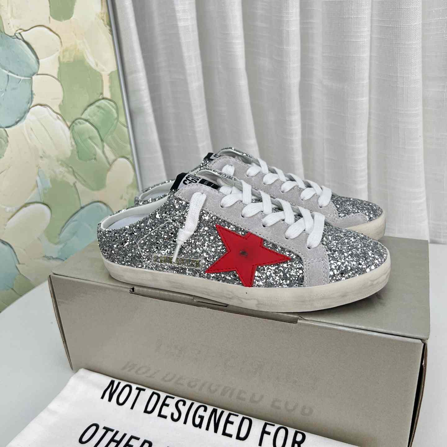 Golden Goose Super-Star Sabots In Silver Glitter With Red Leather Star - PerfectKickZ