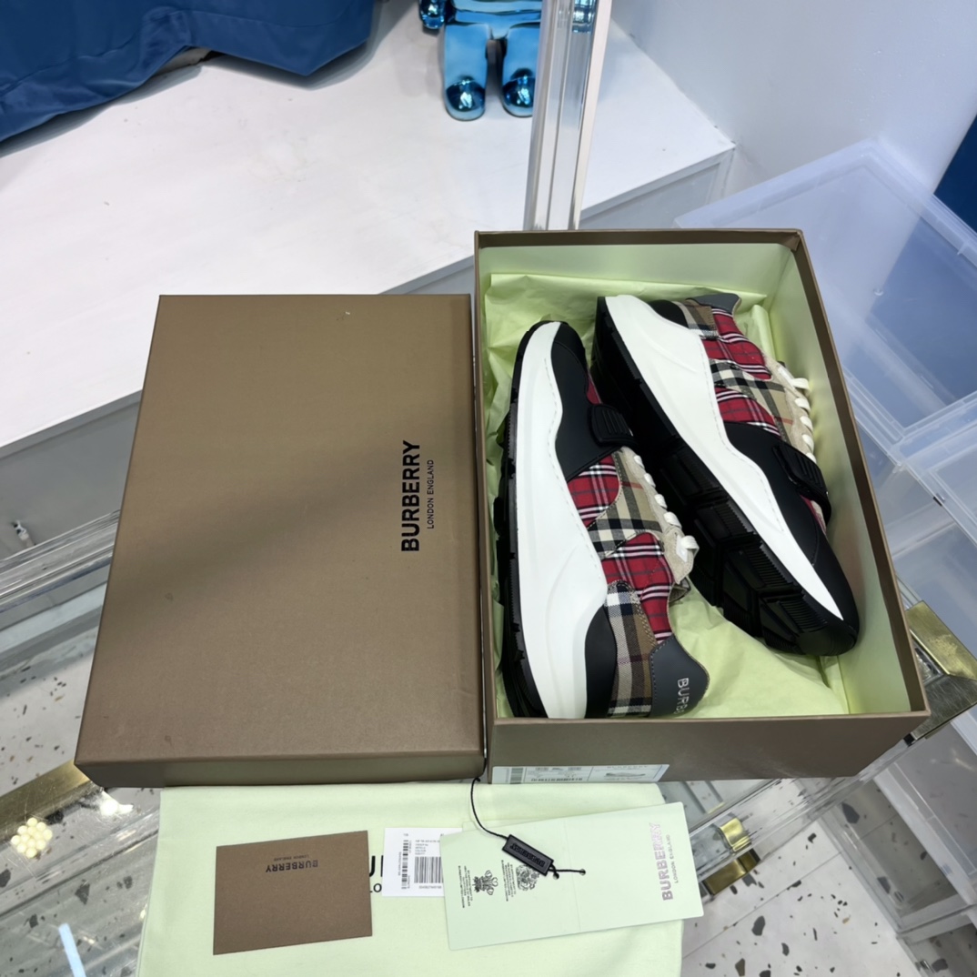 Burberry Leather And Vintage Check Cotton Sneakers - PerfectKickZ