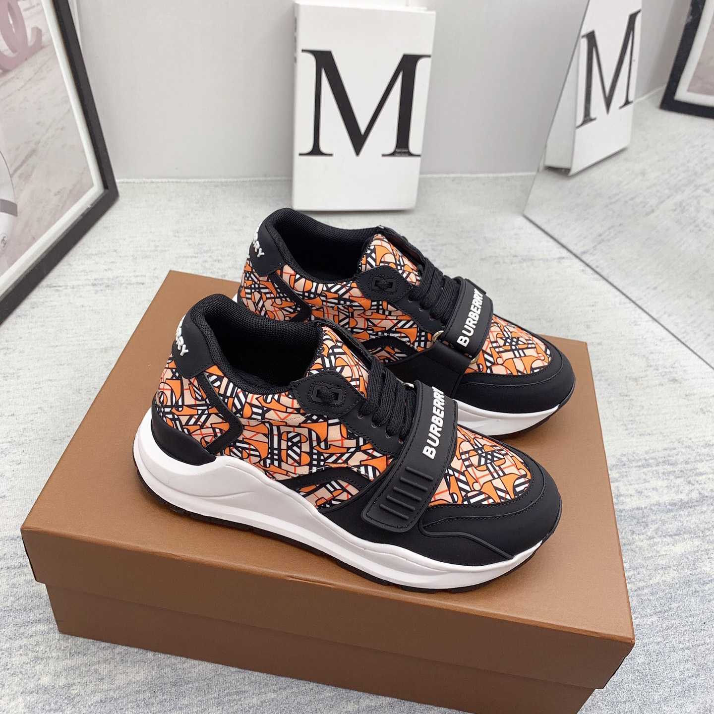 Burberry Monogram Print Linen Nylon And Leather Sneakers - PerfectKickZ