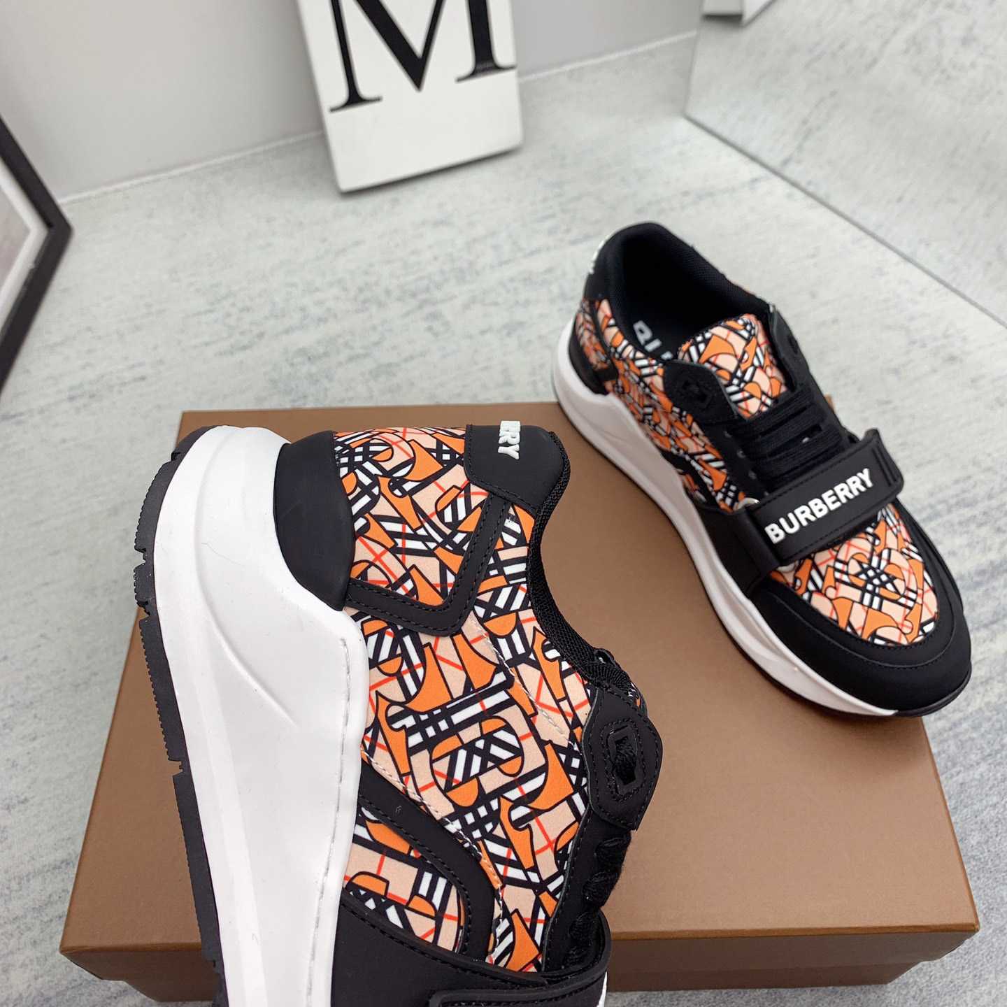 Burberry Monogram Print Linen Nylon And Leather Sneakers - PerfectKickZ