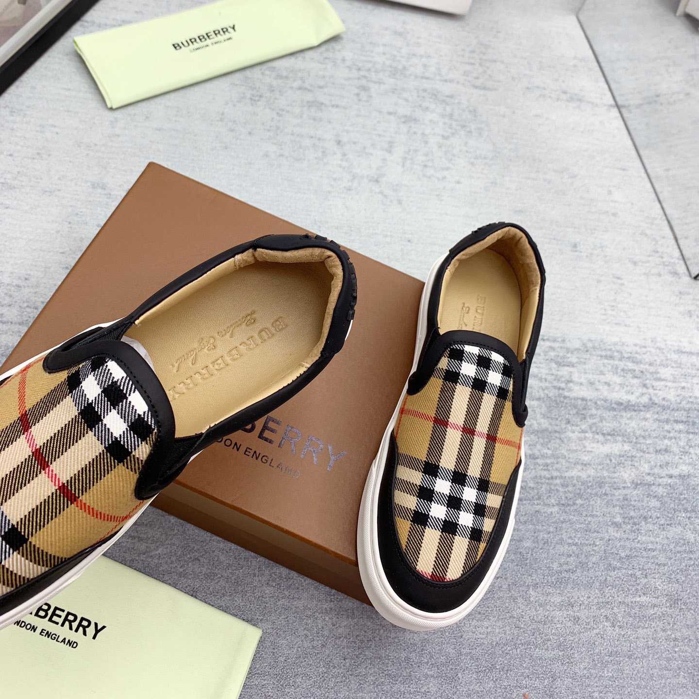 Burberry Leather And Vintage Check Slip-On Sneakers - PerfectKickZ
