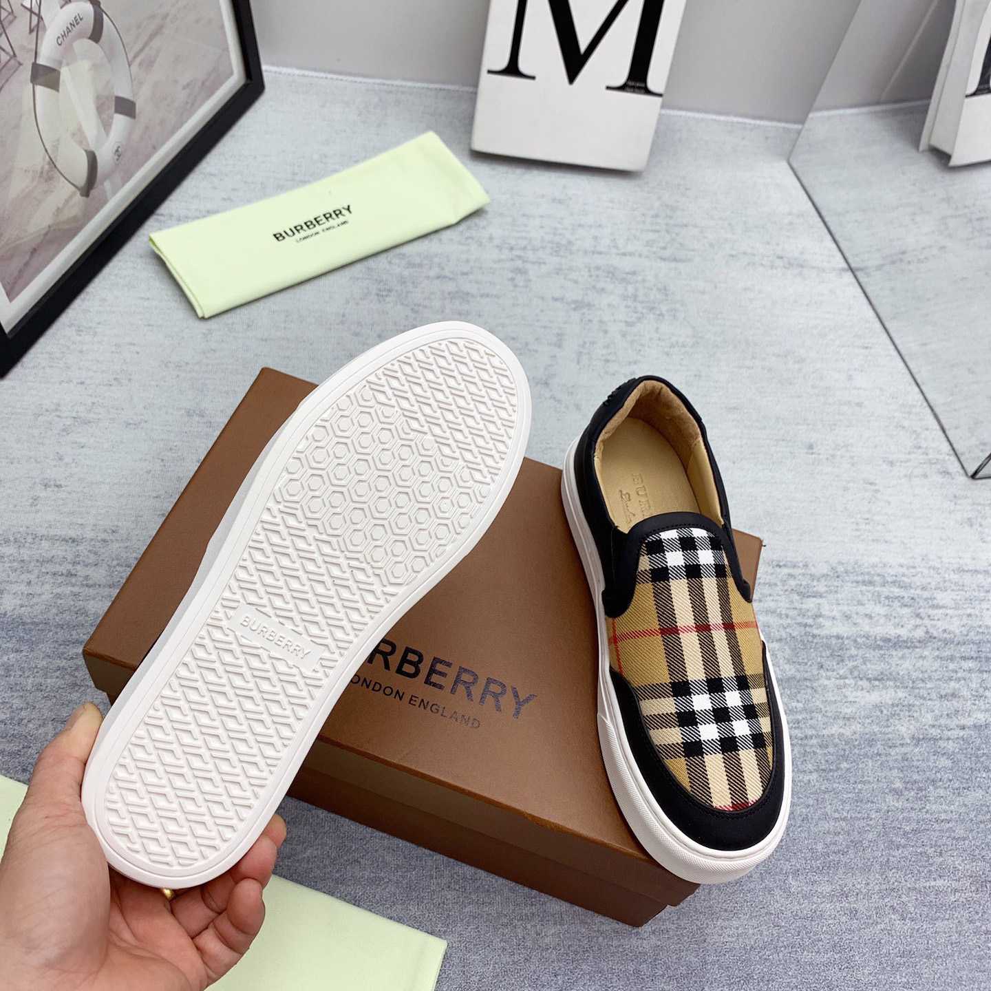 Burberry Leather And Vintage Check Slip-On Sneakers - PerfectKickZ