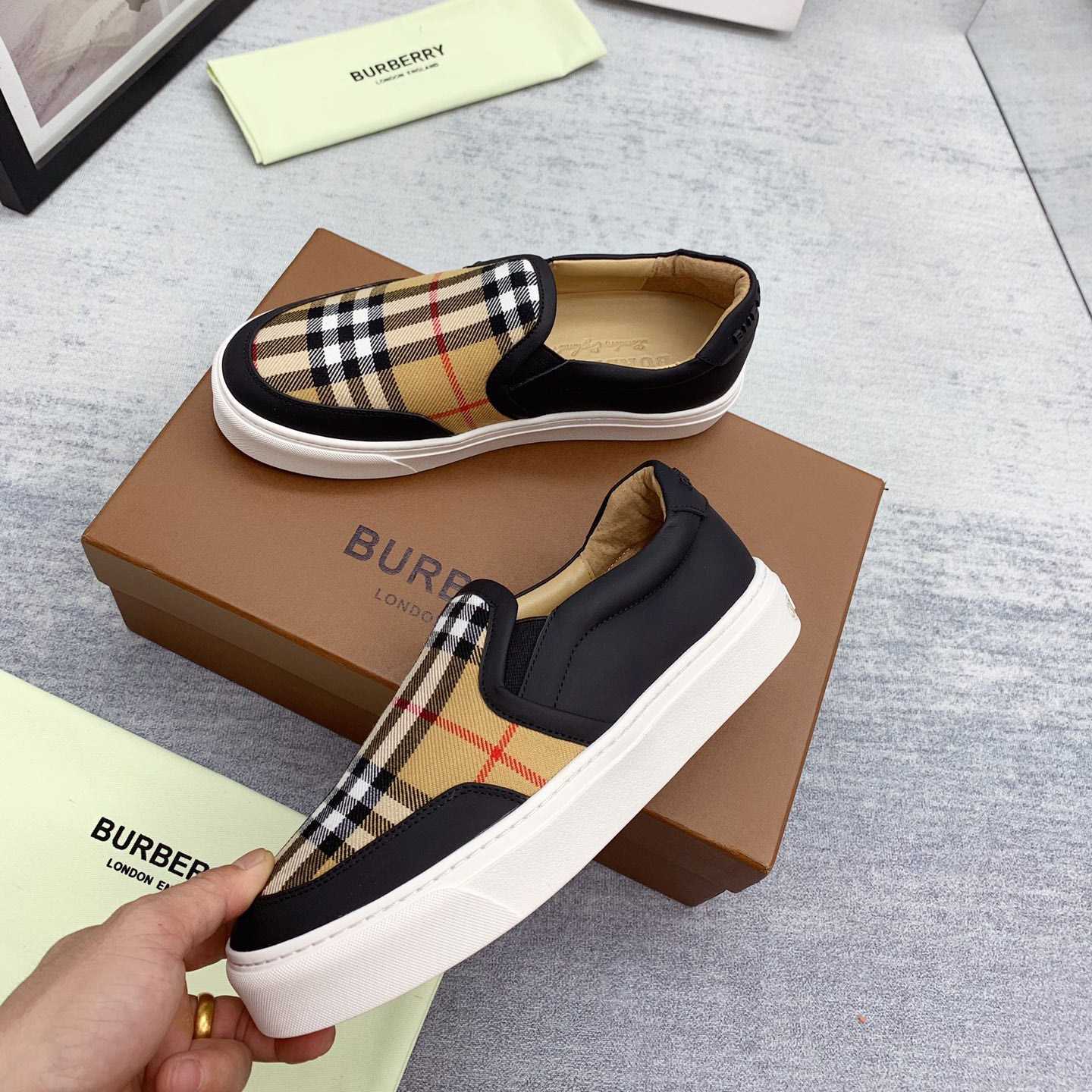 Burberry Leather And Vintage Check Slip-On Sneakers - PerfectKickZ