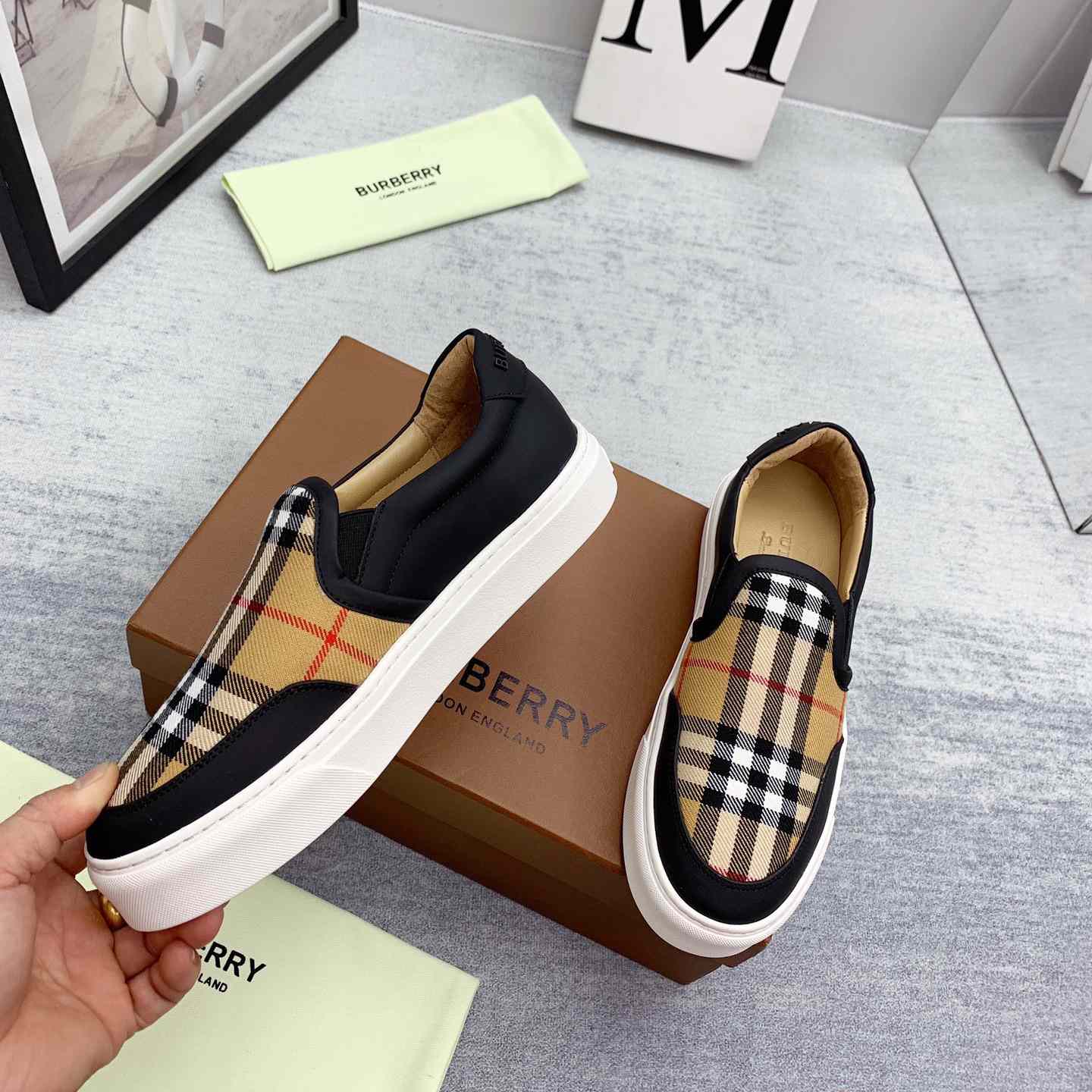 Burberry Leather And Vintage Check Slip-On Sneakers - PerfectKickZ