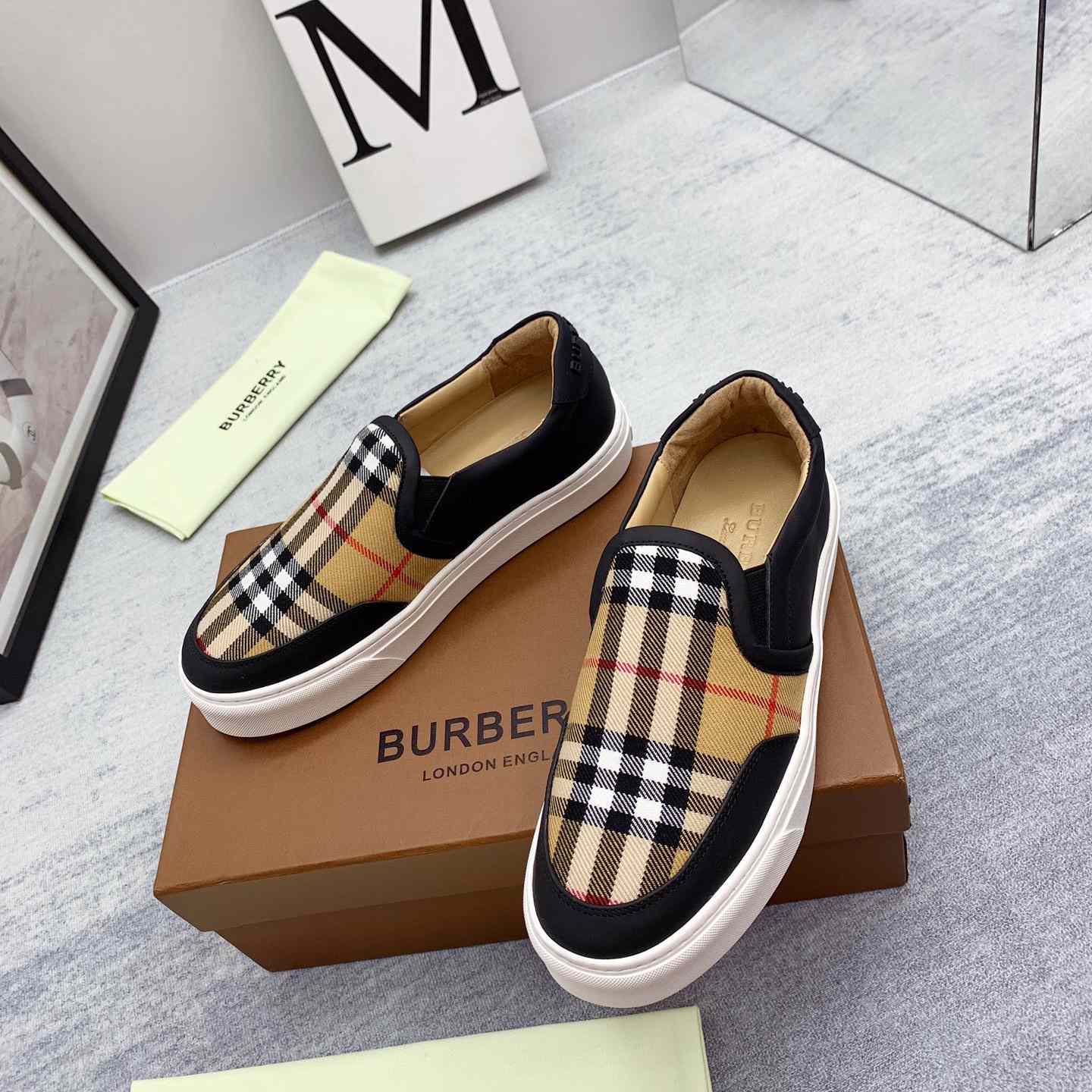Burberry Leather And Vintage Check Slip-On Sneakers - PerfectKickZ
