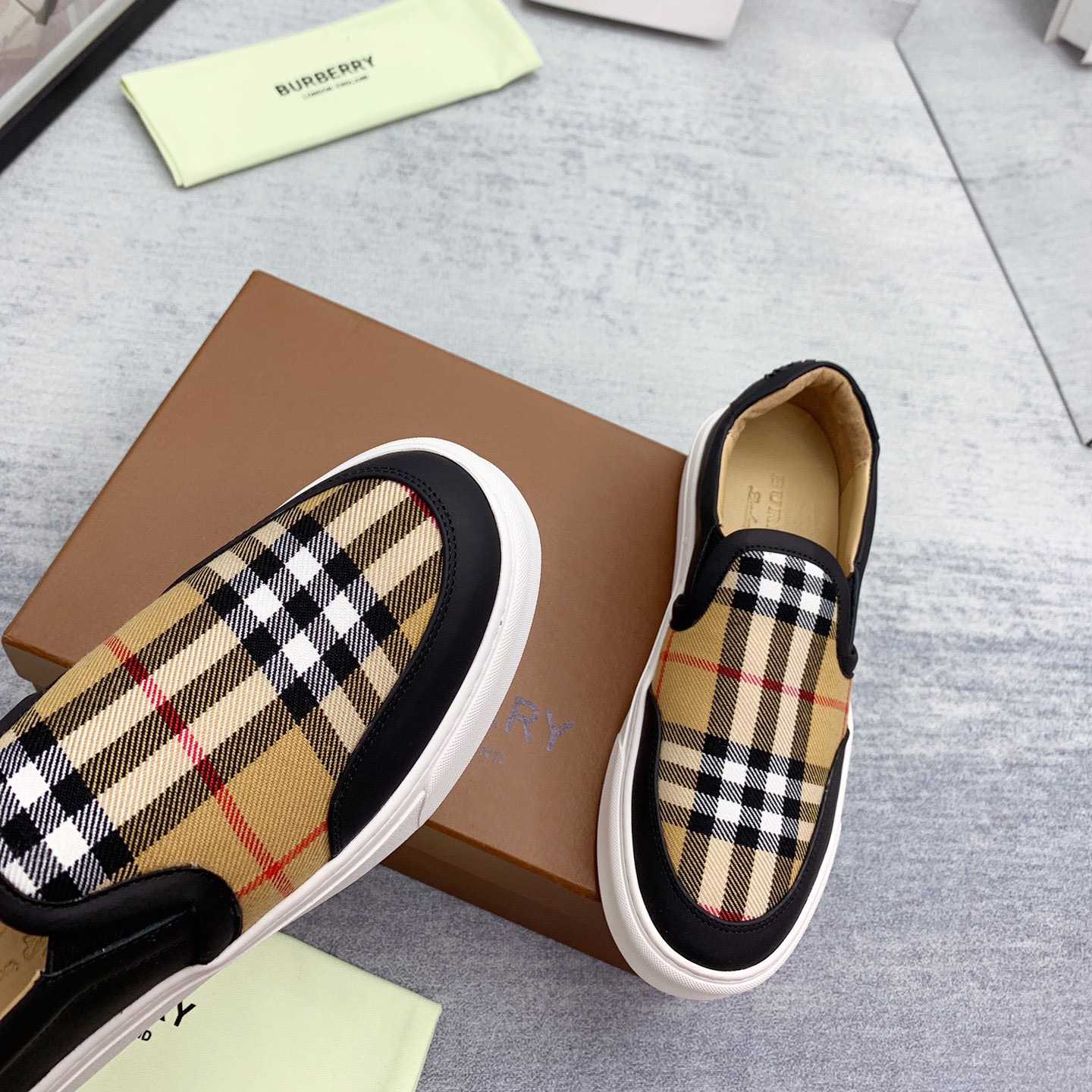 Burberry Leather And Vintage Check Slip-On Sneakers - PerfectKickZ