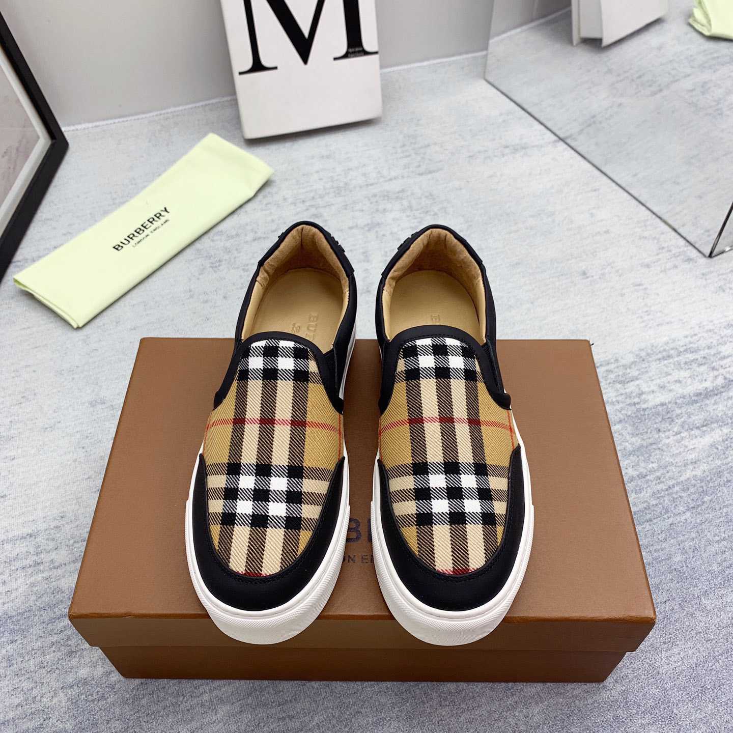 Burberry Leather And Vintage Check Slip-On Sneakers - PerfectKickZ