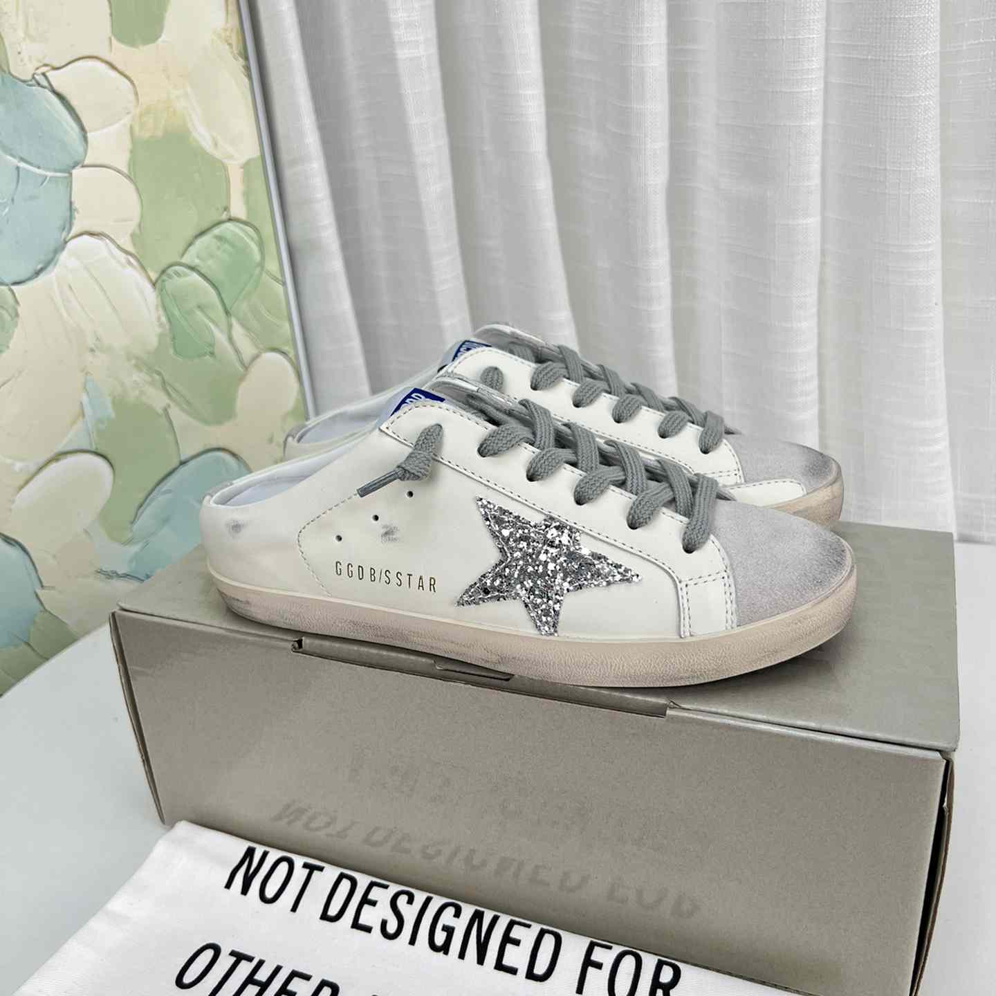 Golden Goose Super-Star Sabots In White Leather And Gray Suede With Silver Glitter Star - PerfectKickZ
