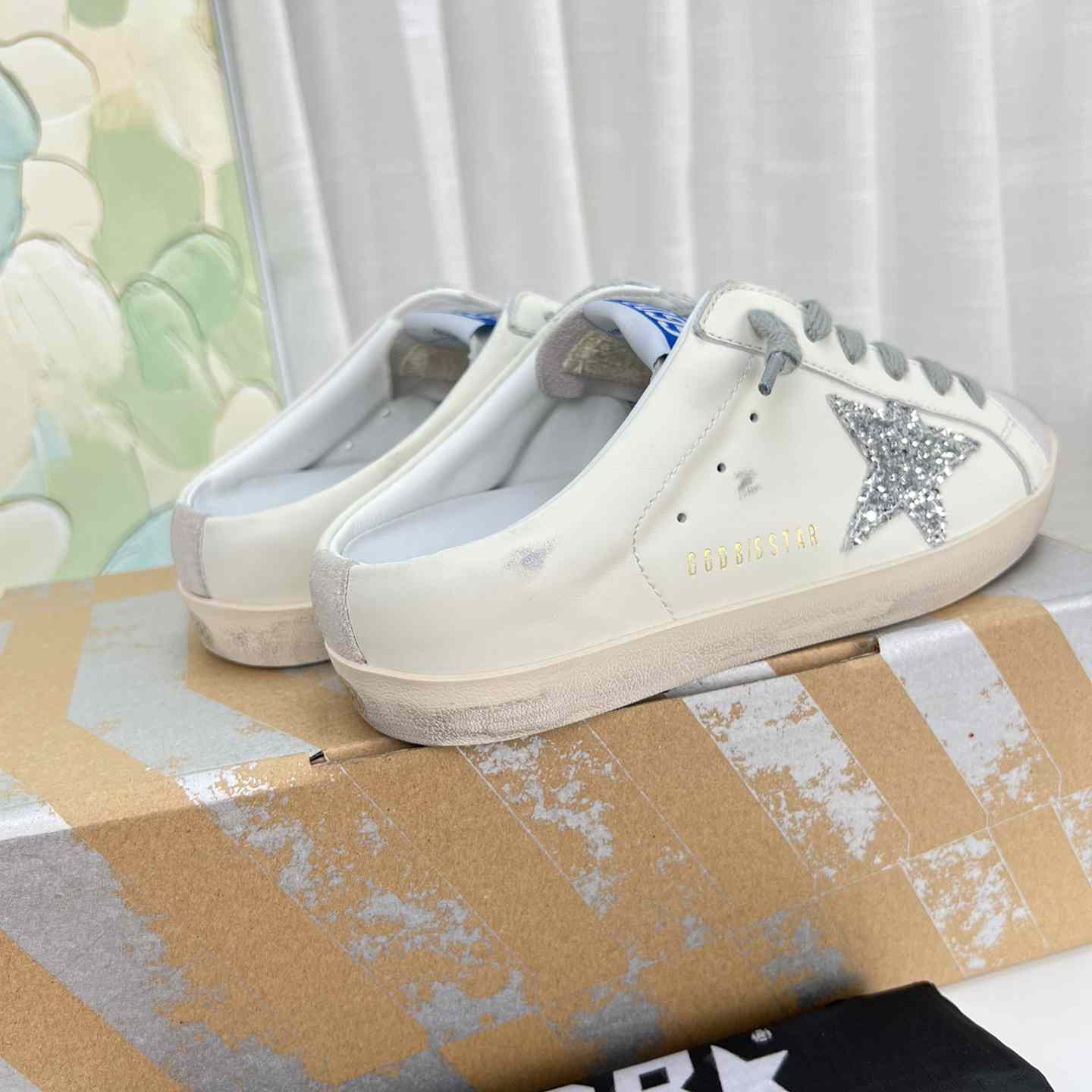 Golden Goose Super-Star Sabots In White Leather And Gray Suede With Silver Glitter Star - PerfectKickZ