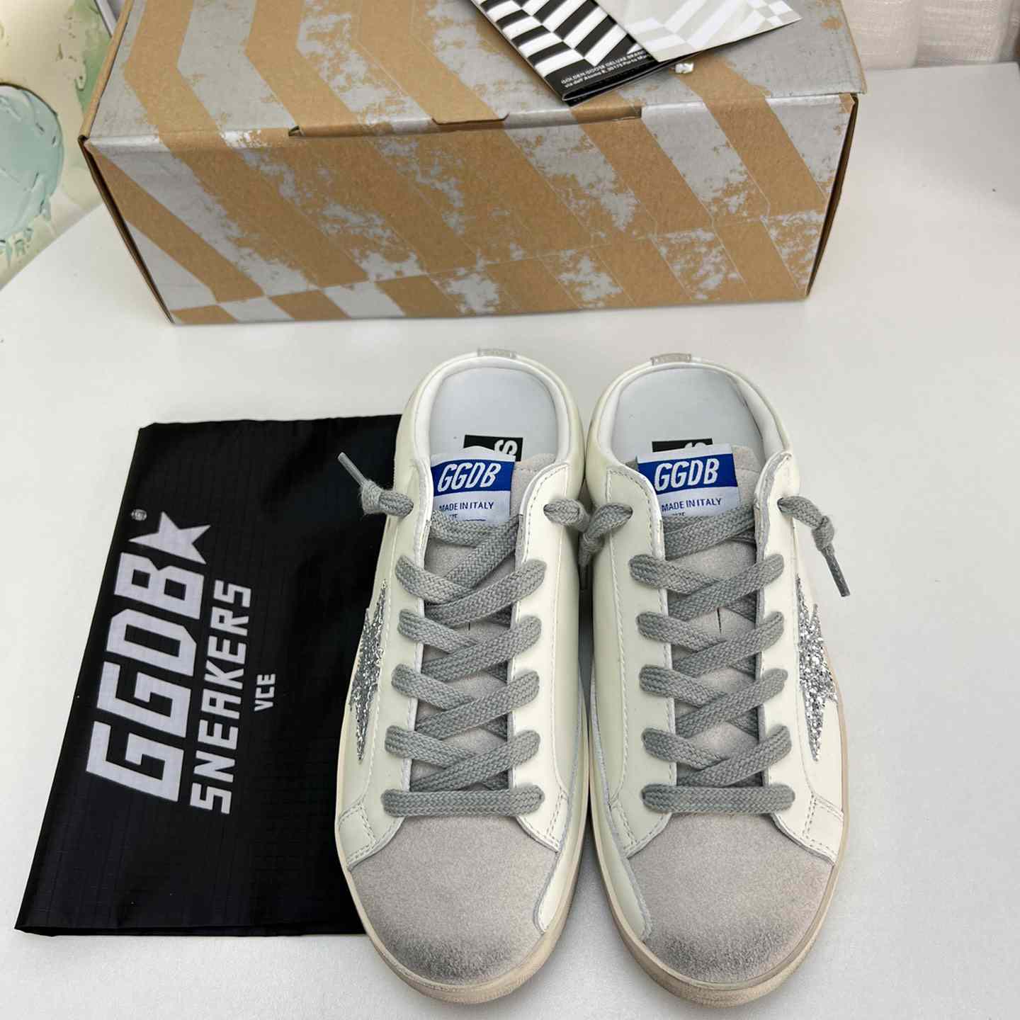 Golden Goose Super-Star Sabots In White Leather And Gray Suede With Silver Glitter Star - PerfectKickZ