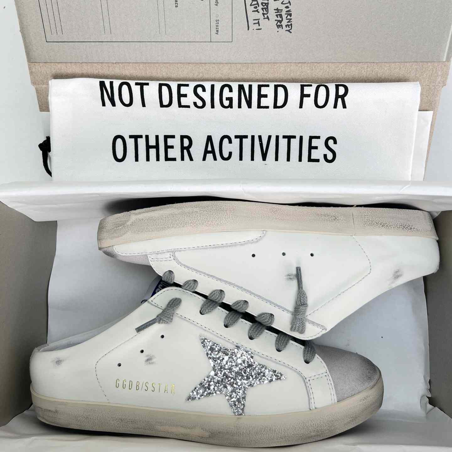 Golden Goose Super-Star Sabots In White Leather And Gray Suede With Silver Glitter Star - PerfectKickZ
