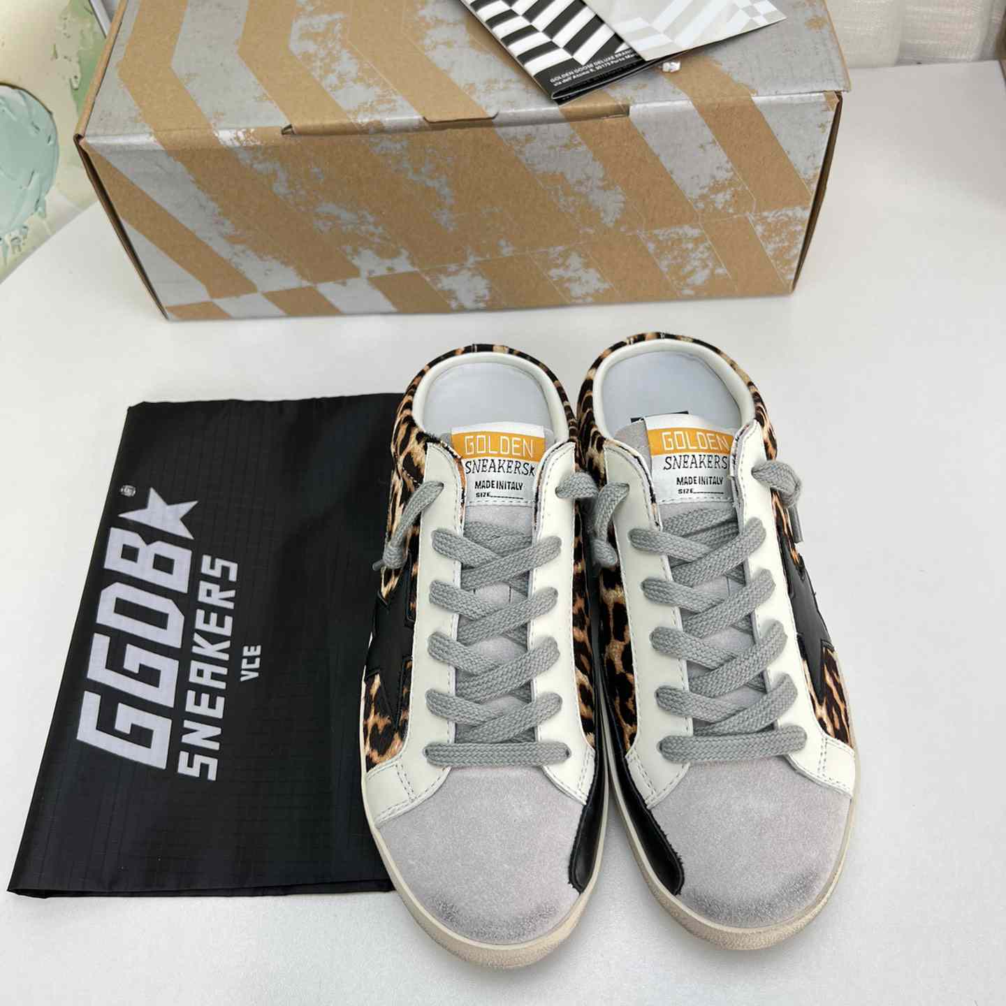 Golden Goose Super-Star Sabots In Leopard-Print Pony Skin With Black Leather Star And Ice-Gray Suede Tongue - PerfectKickZ