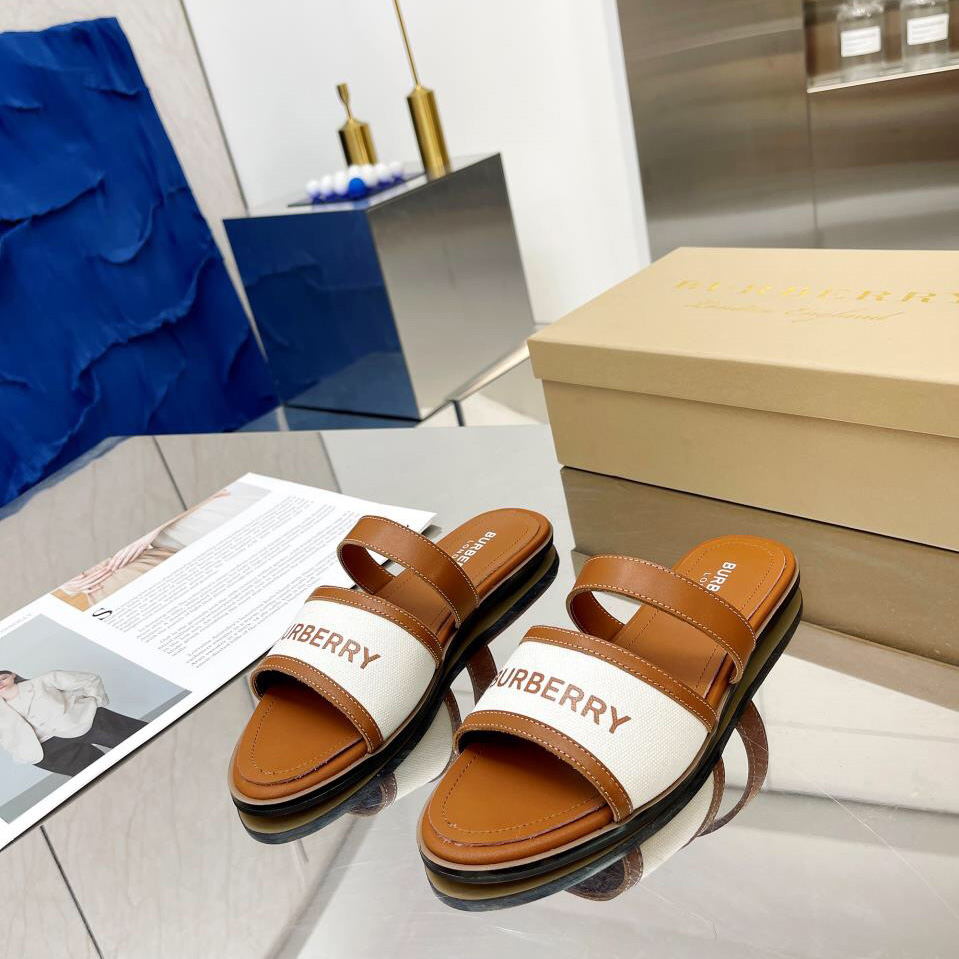 Burberry Logo Print Canvas And Leather Sandals - PerfectKickZ