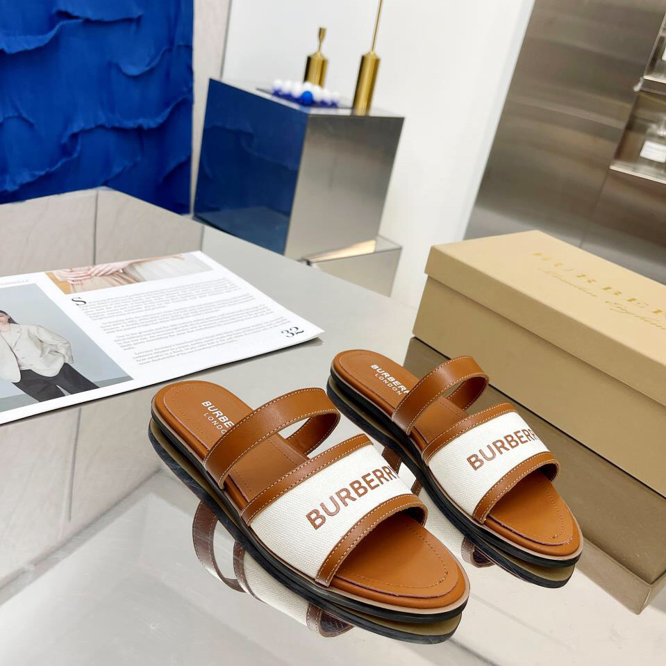 Burberry Logo Print Canvas And Leather Sandals - PerfectKickZ