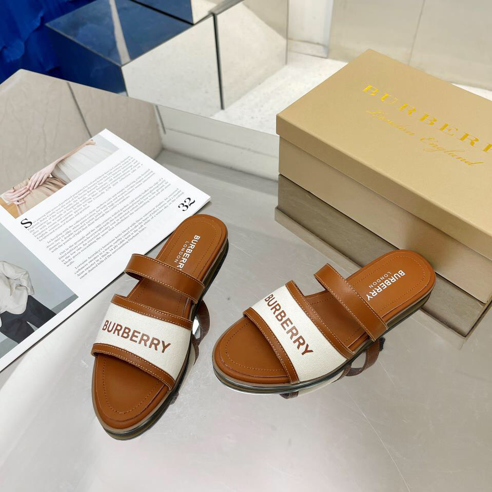 Burberry Logo Print Canvas And Leather Sandals - PerfectKickZ