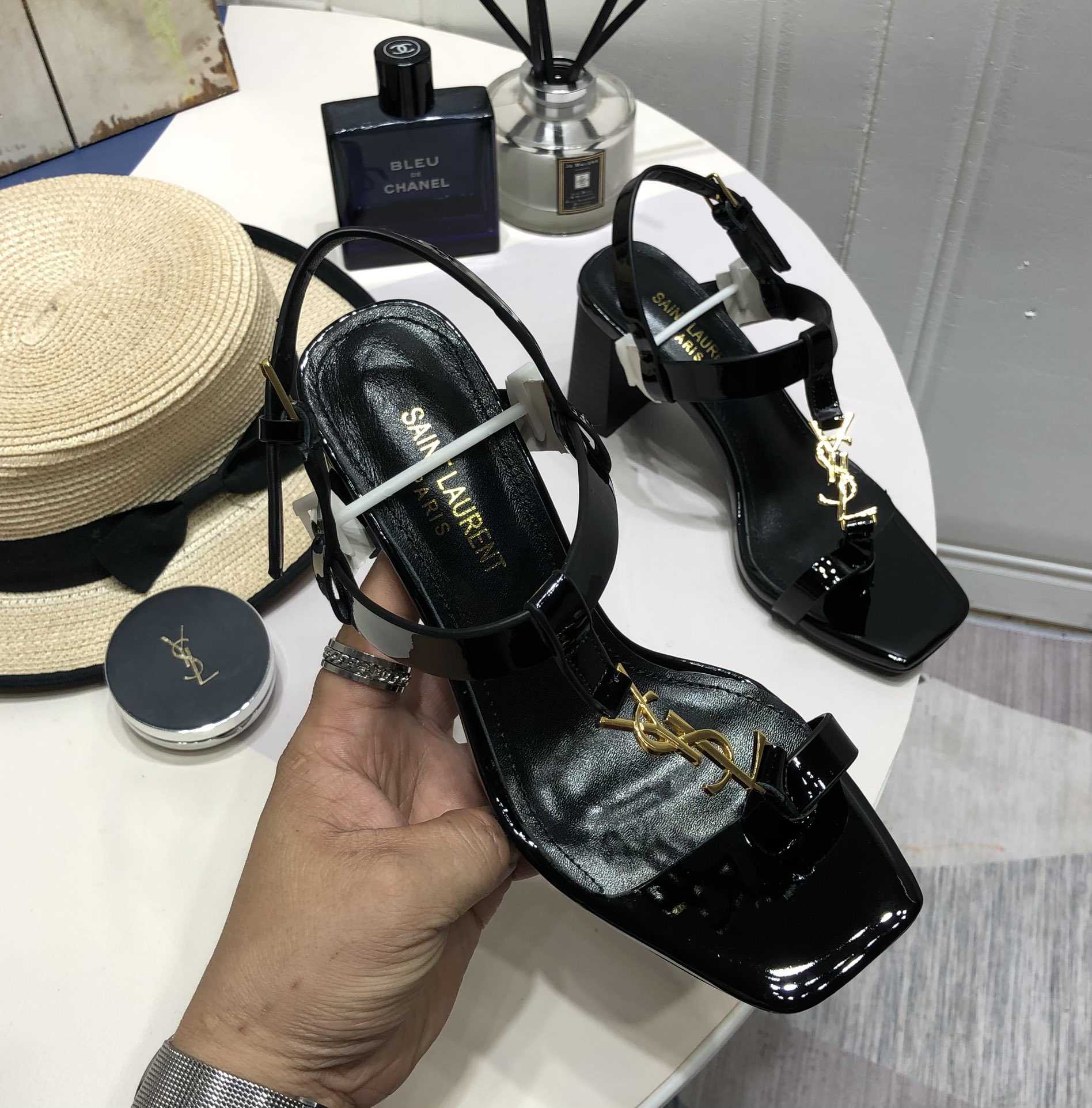 Saint Laurent Cassandra Heeled Sandals In Smooth Leather With Gold-Tone Monogram - PerfectKickZ
