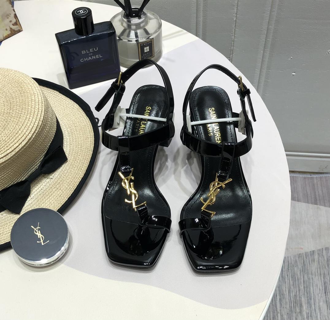 Saint Laurent Cassandra Heeled Sandals In Smooth Leather With Gold-Tone Monogram - PerfectKickZ