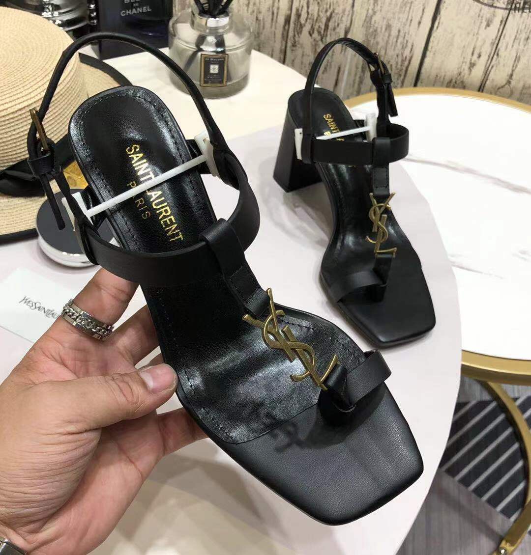 Saint Laurent Cassandra Heeled Sandals In Smooth Leather With Gold-Tone Monogram - PerfectKickZ