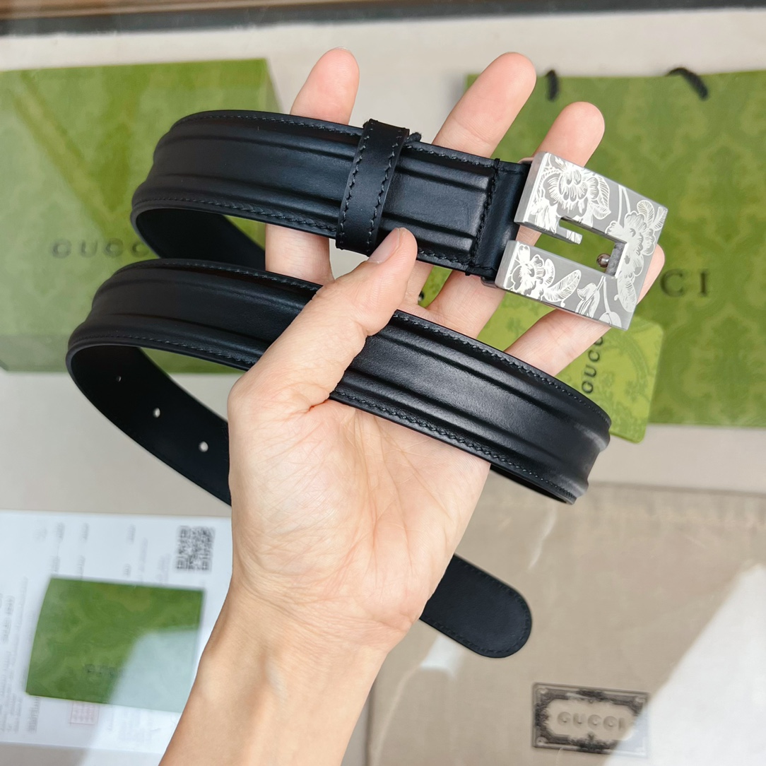 Gucci Thin Belt With Engraved Square G Buckle - PerfectKickZ