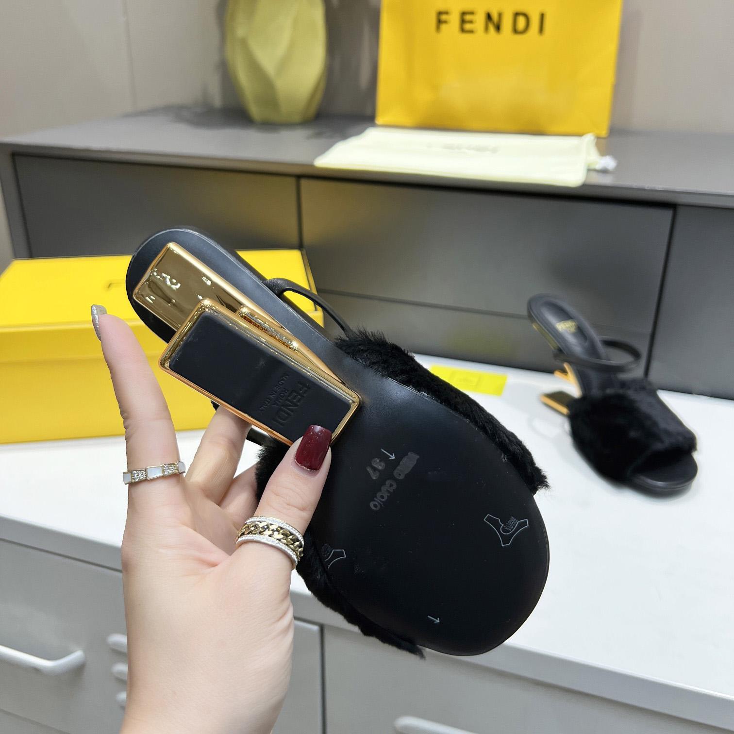 Fendi First Black Mink Medium-Heel Sandals - PerfectKickZ
